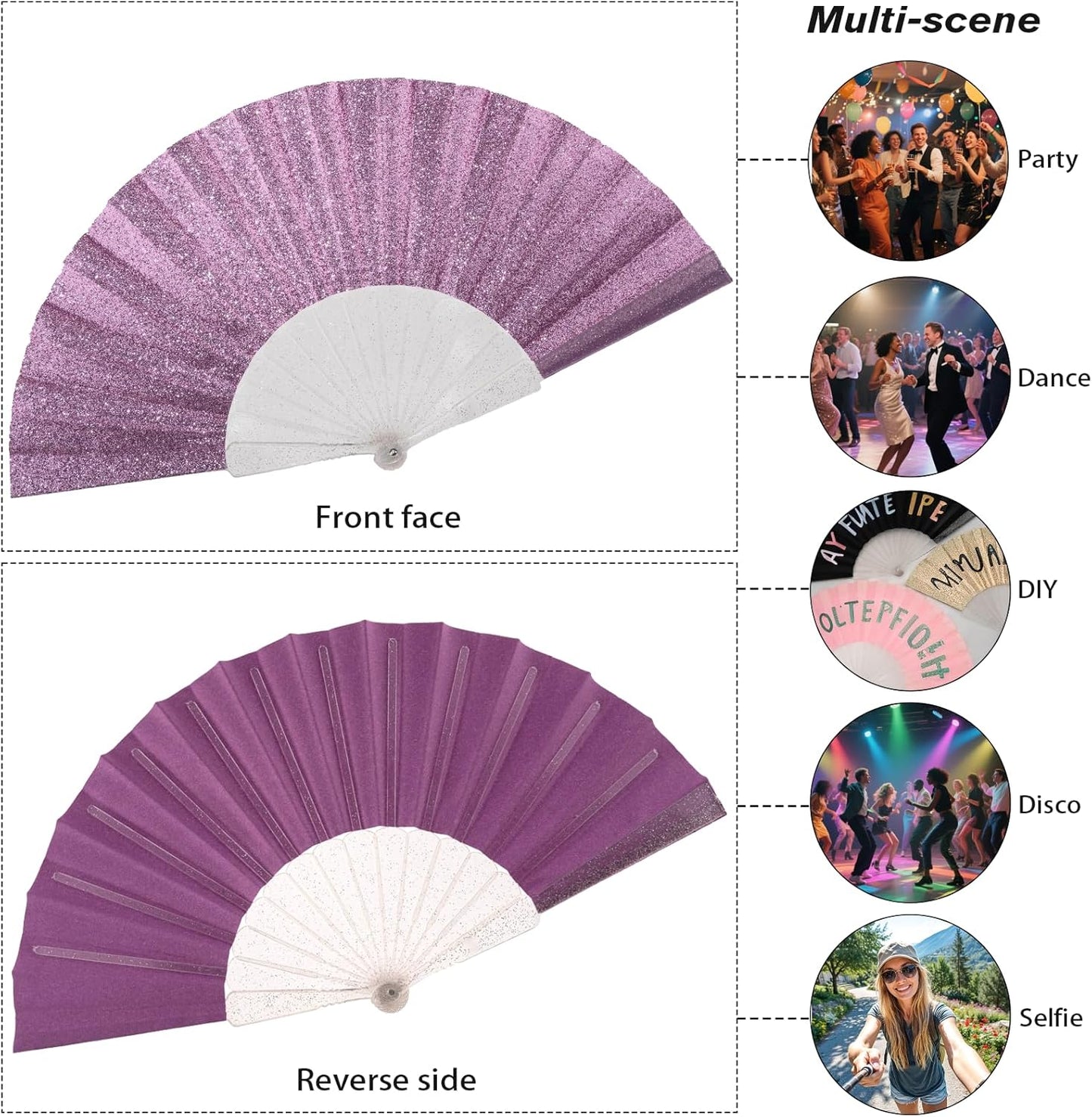 48 Pack Handheld Fan,Folding Hand Glitter Fan with Shining Transparent Fan Rib – Ideal for Wedding, Church, Festival, Dance, Tea Party, Club, and EDM Accessories, Purple