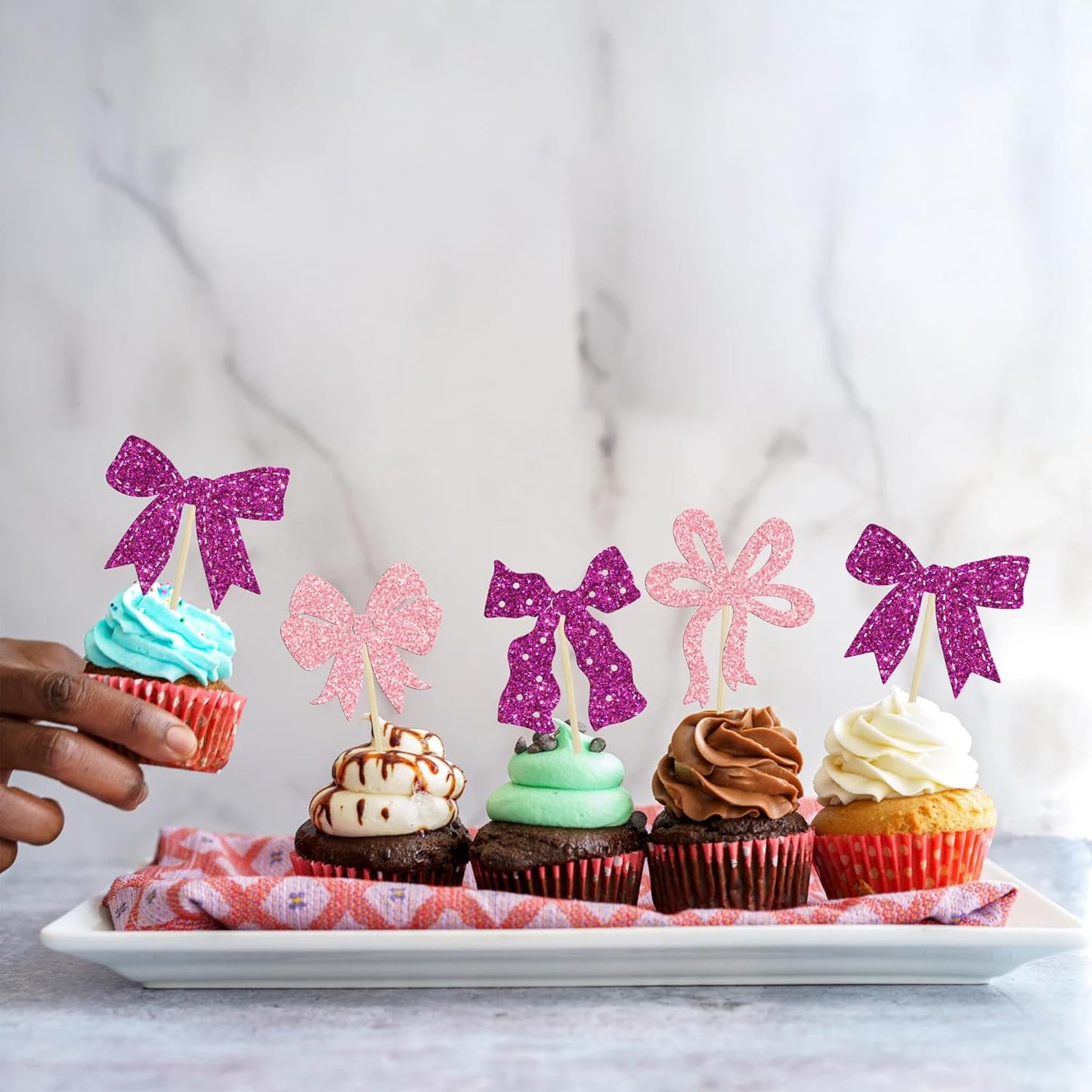 Ephlyn 24Pcs Pink Bow Cupcake Toppers Bow Birthday Cake Topper Girls Birthday Party Decorations Bowknot Cupcake Decorations for Bridal Baby Shower Birthday Wedding Themed Party Pink Purple