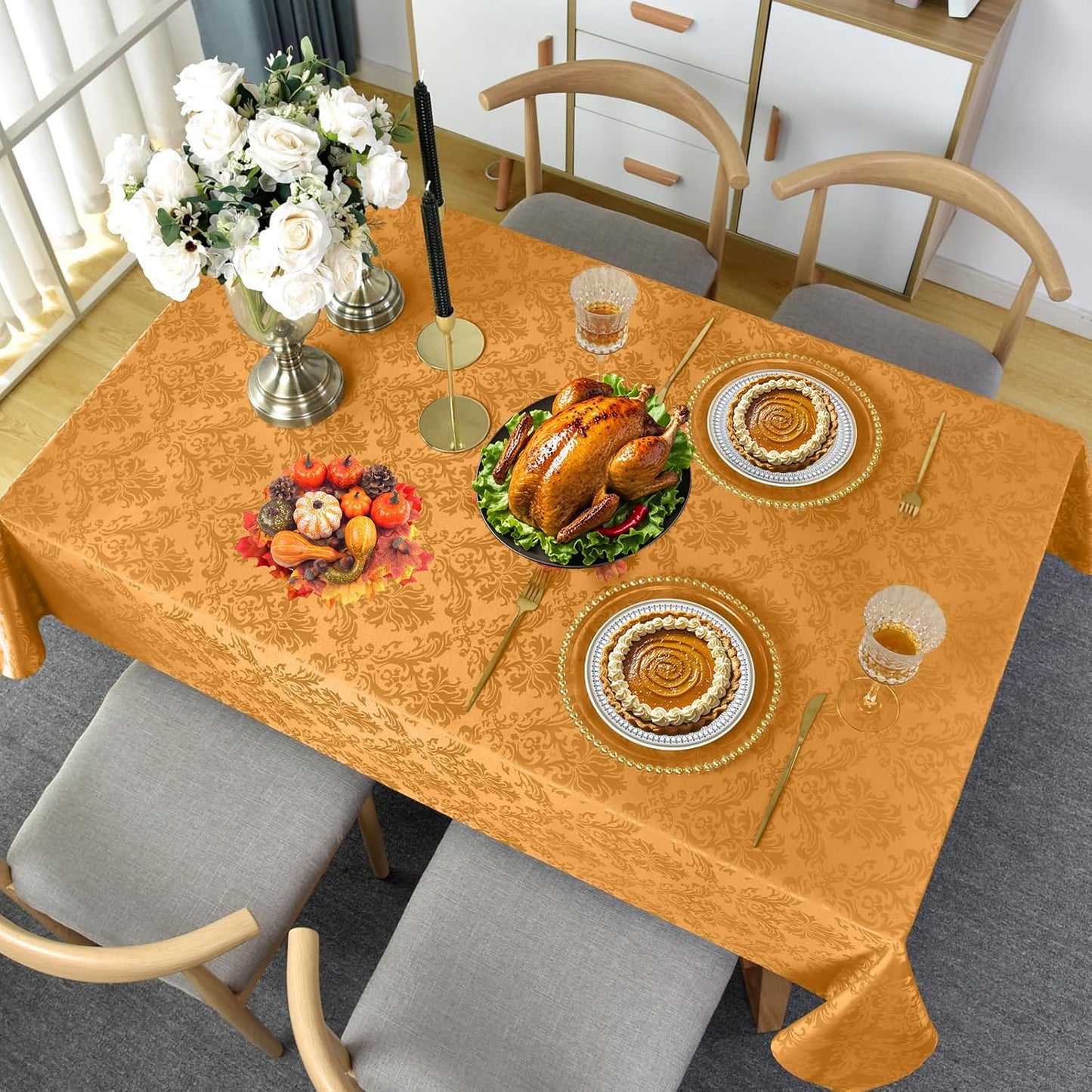 SASTYBALE Amber Rectangle Jacquard Tablecloth, Spill Wrinkle Proof Damask Table Cloth for Rectangle Tables, Rectangular Harvest Fall Inddor Outdoor Tablecloths, 60x 120 Inch Amber