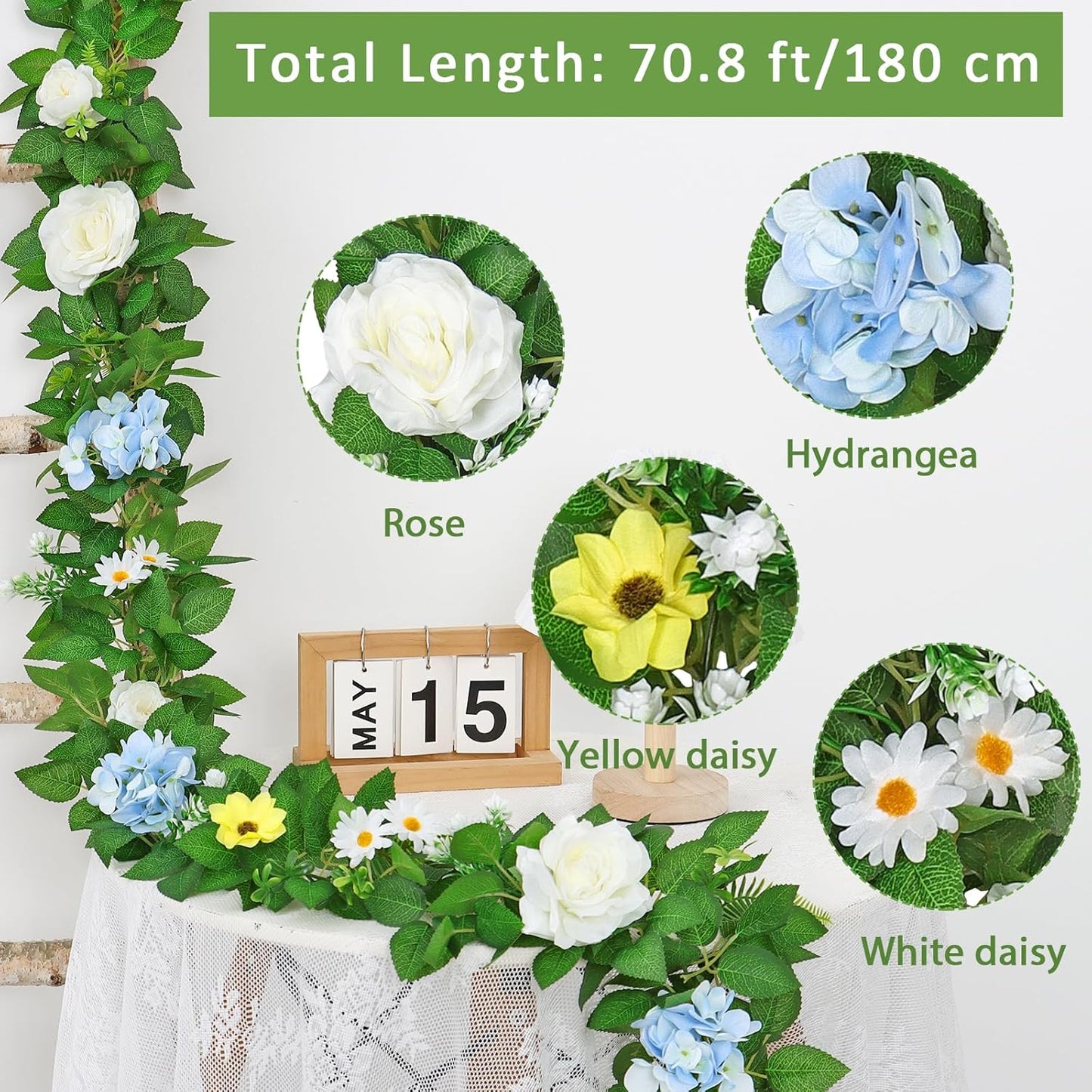 Dremisland 2PCS Artificial Rose Vine Fake Flower Garland 6FT Faux Silk Rose Hanging Vine Floral Garland Daisies Hydrangeas Ivy Vines for Wedding Party Wall Arch Garden Background Decor