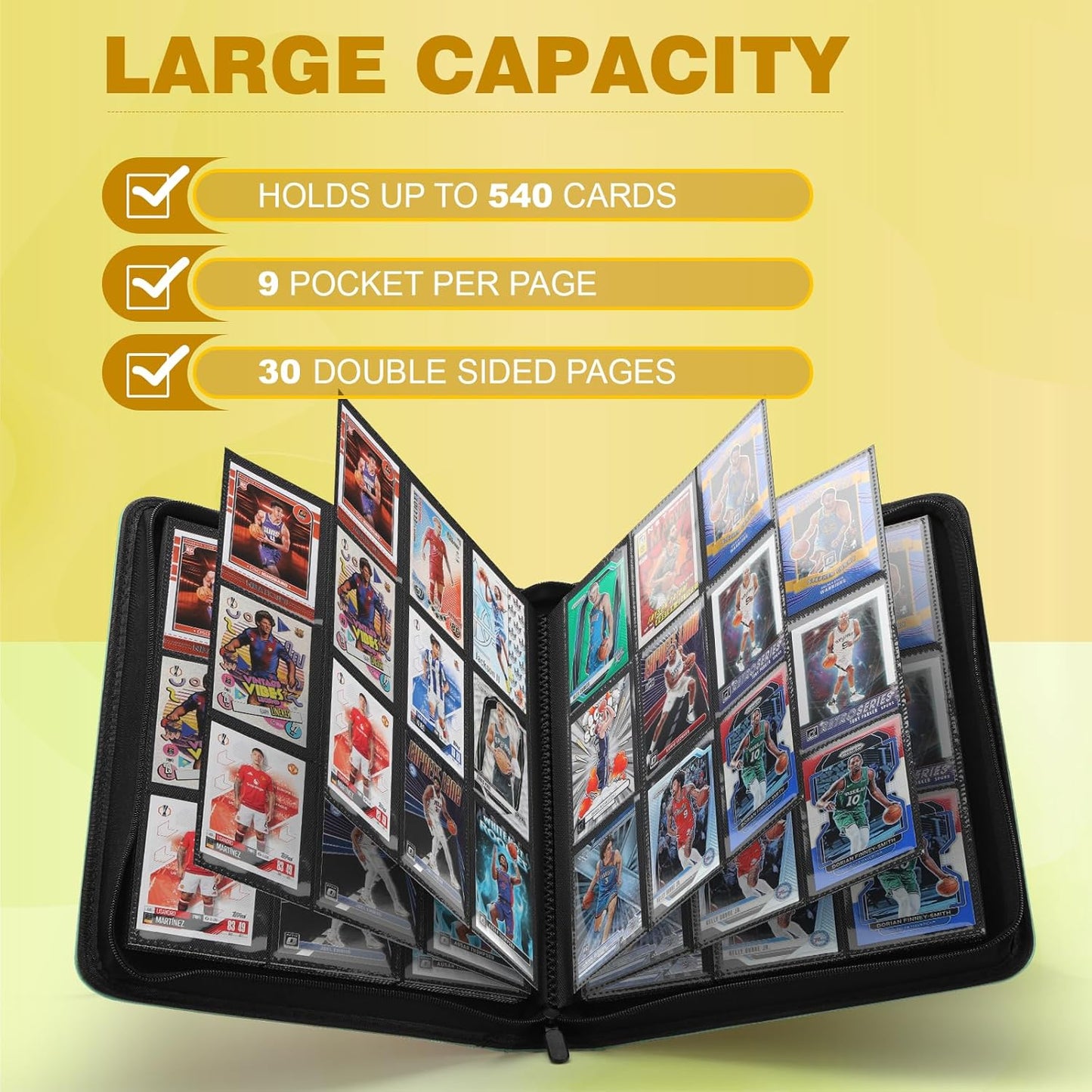 Trading Card Binder, Card Binder 9 Pocket for Trading Cards, Holds 540 Cards, Zippered Premium Card Collection Binder Album for Game Card, Sports Card, Yugioh, MTG (Soft Green)