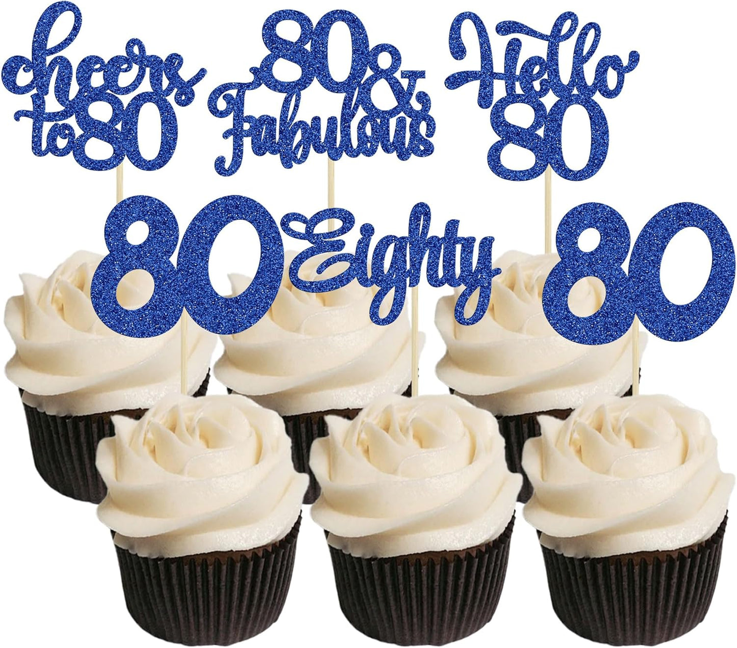 30Pcs Happy 80th Birthday Cupcake Toppers Eighty Cheers to 80 Years Old Birthday Cupcake Picks for Happy 80th Birthday Anniversary Party Cake Decorations Deep Blue Glitter