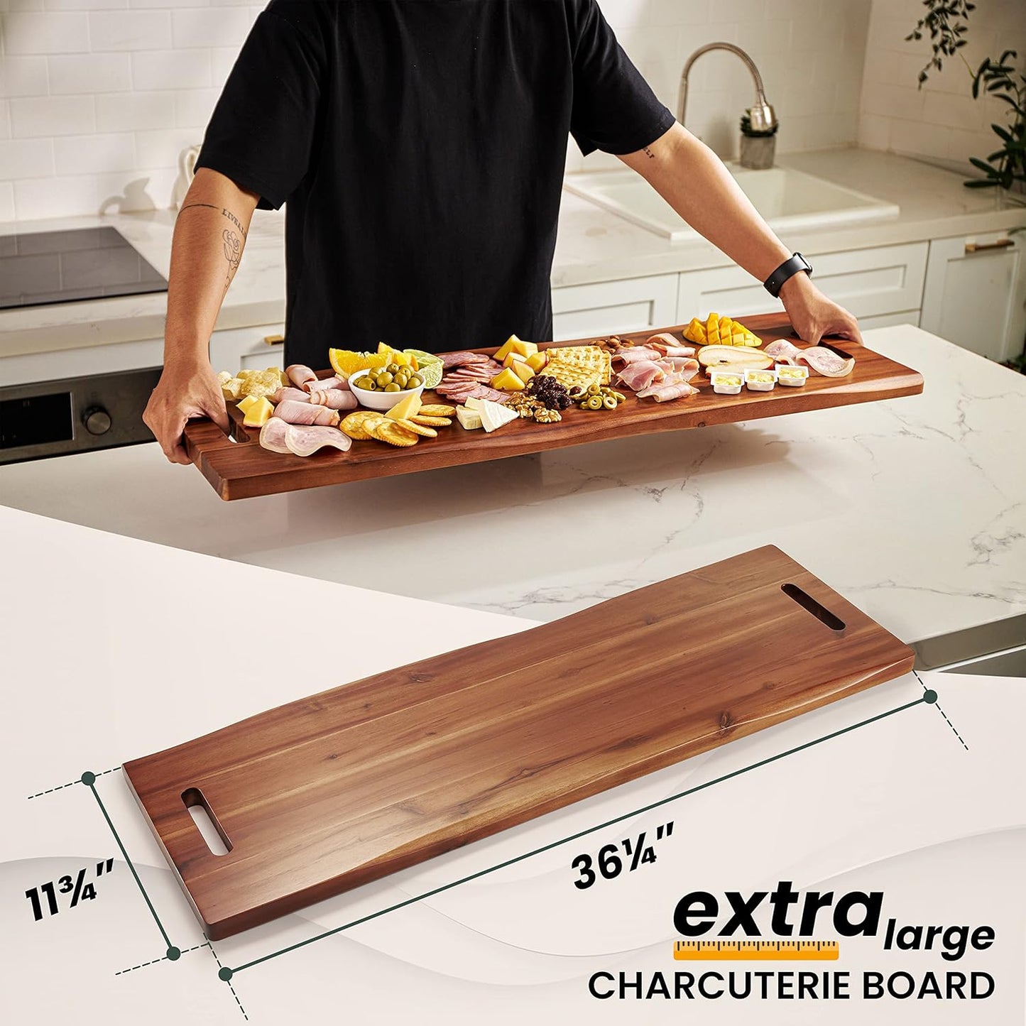 36" Large Acacia Wood Charcuterie Board with Handles - Extra Long Wooden Serving Cheese Boards - Rectangular Serving Platter for Meat Steak, Cracker Appetizers, Fruit Decorative Display Party