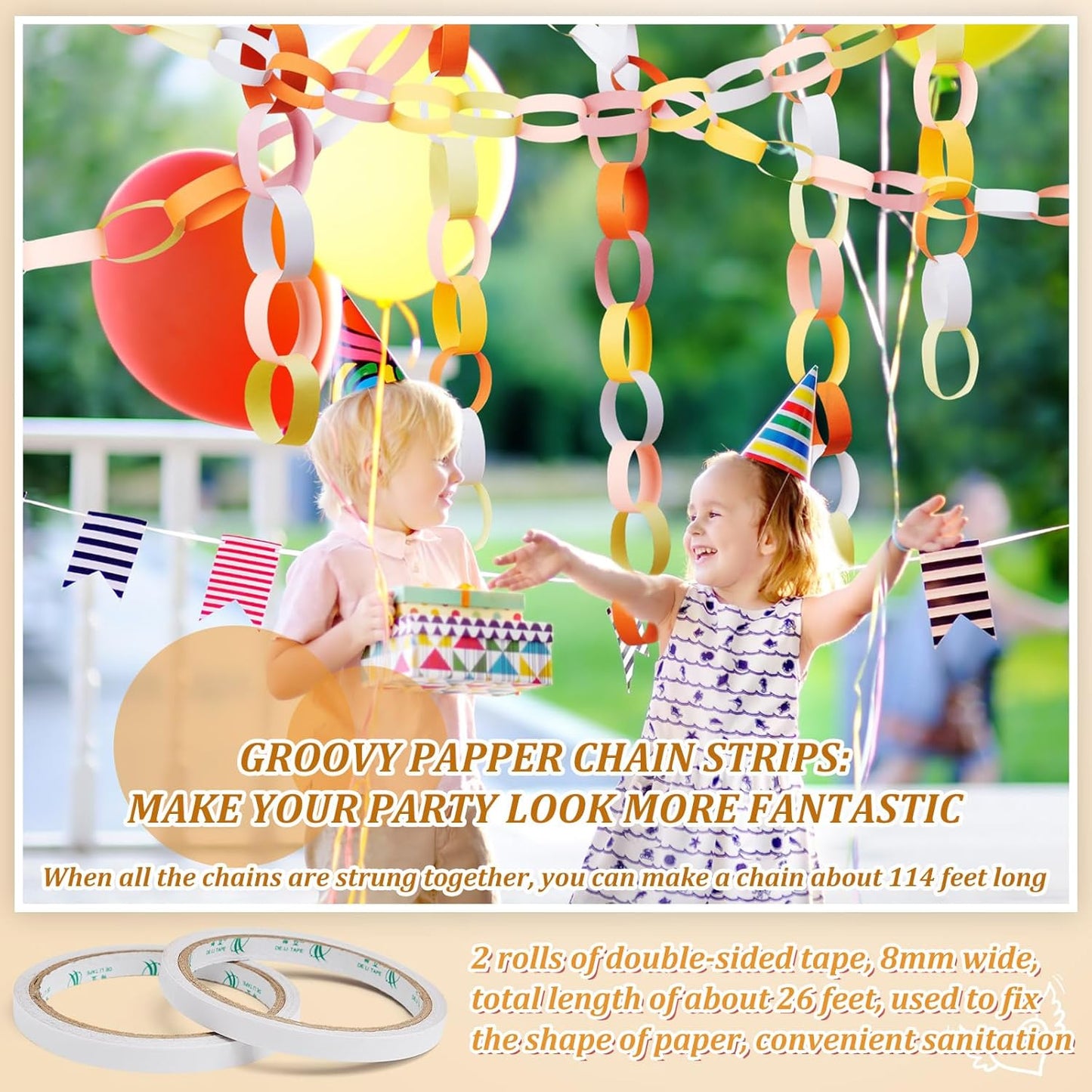 Lincia 600 Sheet Halloween Paper Chain Garland, Construction DIY Crafts Chain Strip for Fall Thanksgiving Party Decor, 1x8 Inch with Double Sided Tape (Groovy)