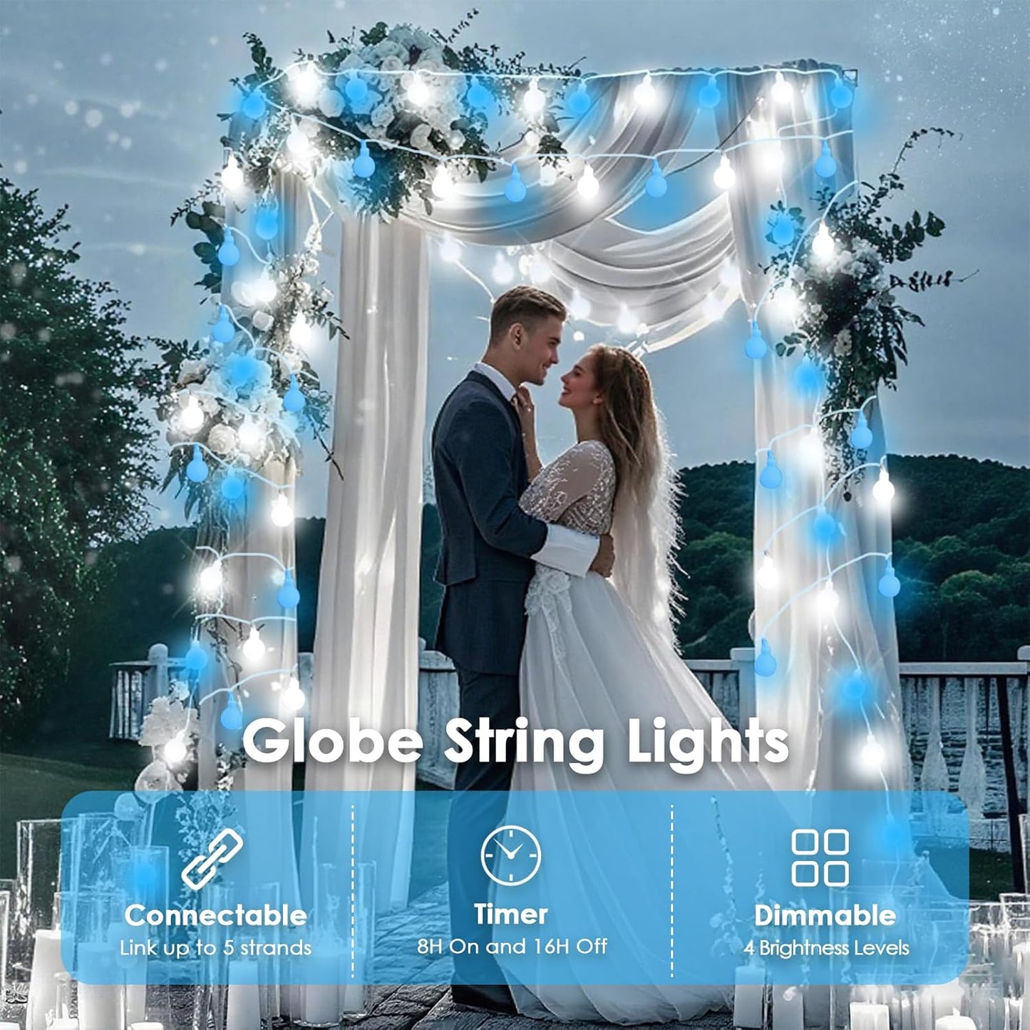 43FT Connectable String Lights Indoor Outdoor | 100LED Blue and White Globe Fairy Lights Plug in 13 Modes with Timer | Christmas Light for Bedroom Classroom Wedding Party Christmas Tree Decorations