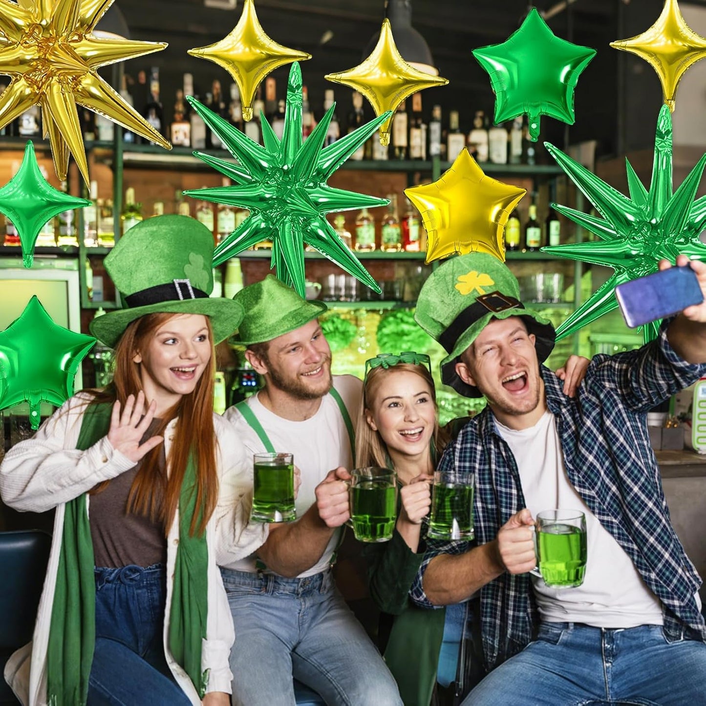 Gold Green Star Balloon,16Pcs Star Foil Balloons Set with 22Inch Explosion Spike Cone Balloons and 10Inch Quadrangle Helium Balloon for Birthday Wedding Baby Shower Party Decorations