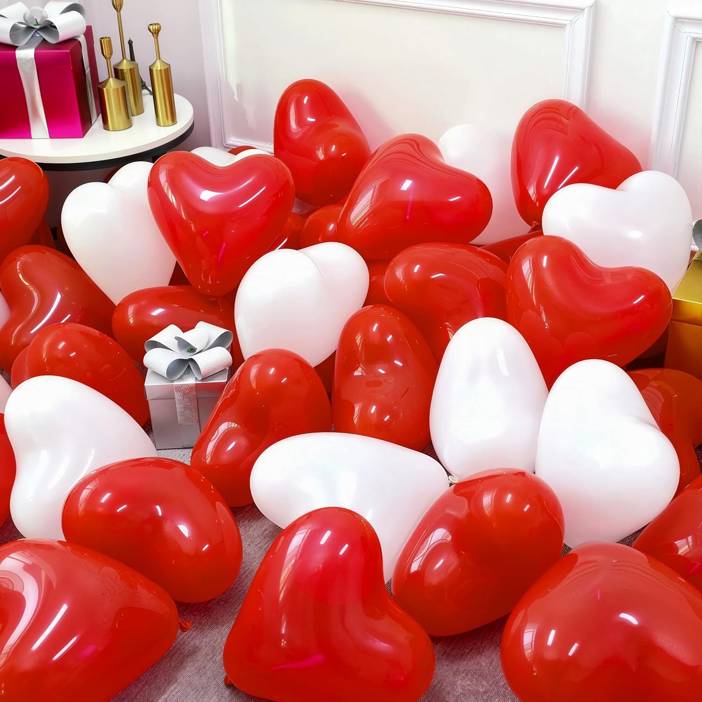 Red and White Heart Balloons - 50 Pcs Heart Shaped Balloons for Romantic Decoration, Wedding, Anniversary, Engagement, Birthday Party, Love Events