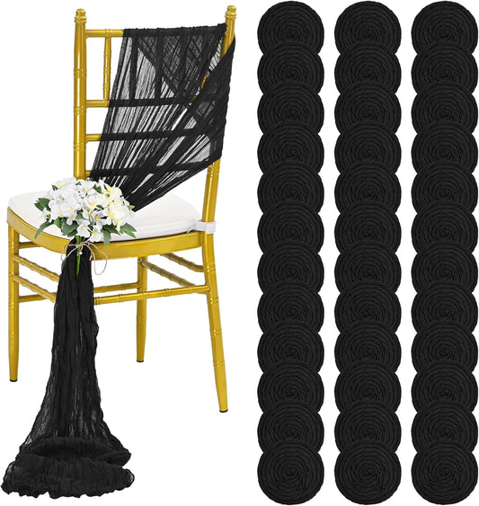 36 Pcs Black Cheesecloth Chair Sashes, 16 x 108 inch Gauze Fabric Washable Chair Sashes Bows Designed for Aisle Decorations Universal ChairCover Decor for Wedding Reception Party Banquet