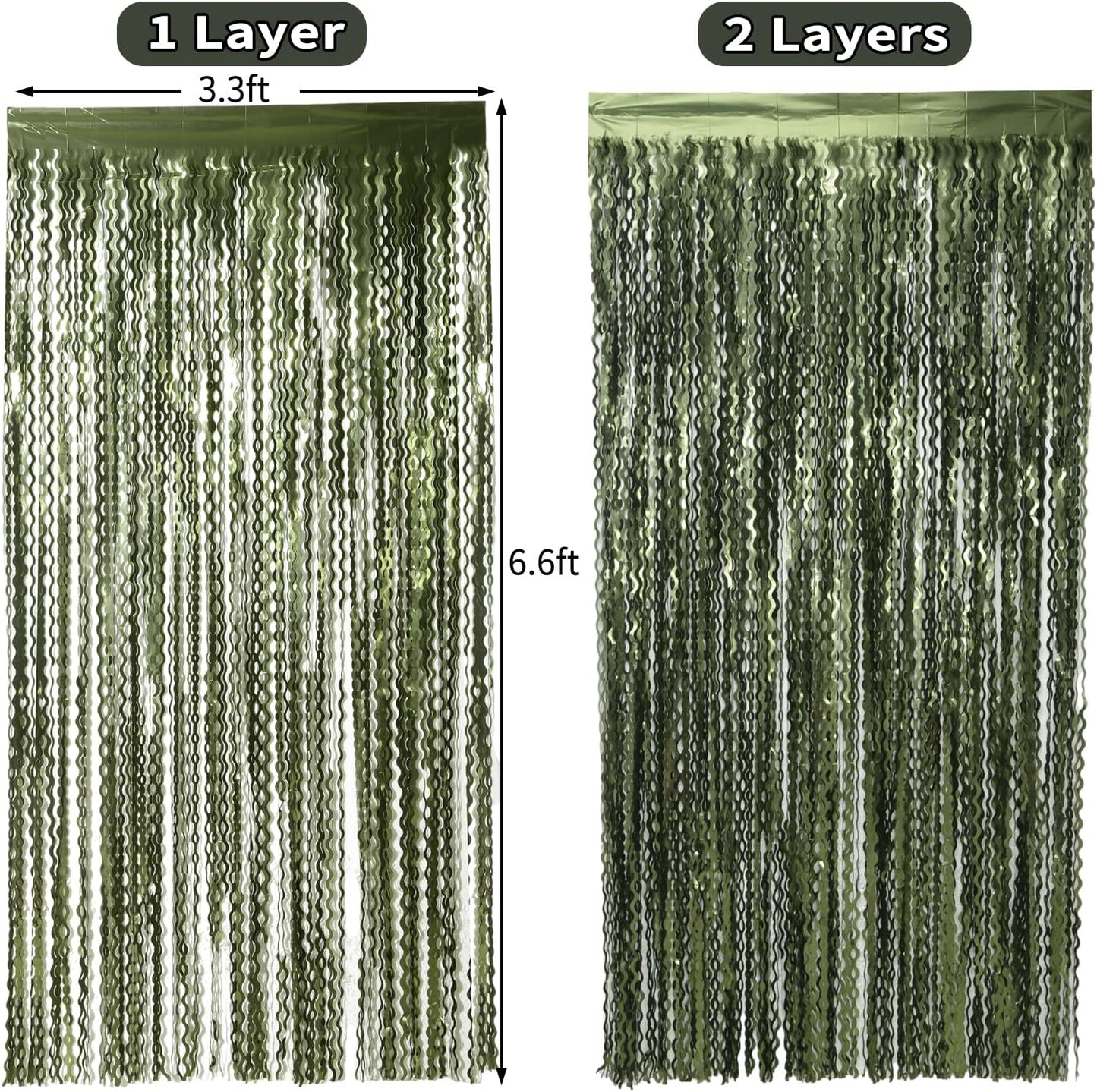 4 Pack Wavy Olive Green Streamers Backdrop Jungle Party Decorations - 3.3x6.6ft Foil Fringe Curtains Photo Booth for Dinosaur Animal St Patrick's Day Football Decor