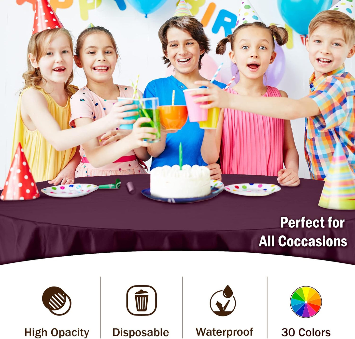 Party Solids Pack Of 12 Premium Plastic Tablecloth 84 Inch Round Table Cover - Plum