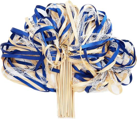 100 Pack Ribbon Wedding Wands Sticks Wedding Party Favors Streamers with Gold Bells and Lace Silk Fairy Wand for Party Activities Baby Shower Holiday Celebration