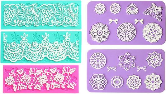 Embossing Lace Fondant Moulds, Multi Circle Flowers Lace Mat Wedding Cake Decoration Tool, Rattan Shaped Cupcake Mat Silicone Molds set of 5