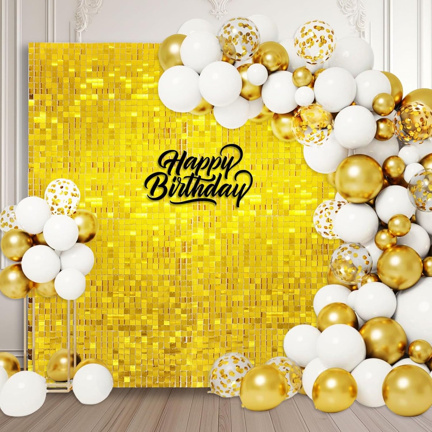 12PCS Gold Shimmer Wall Backdrop, Square Sequin Photo Backdrops Panel, Glitter Wall Background for Birthdays, Weddings, Graduation, Engagements, Disco Bachelorette Party Decoration (3FTx4FT)