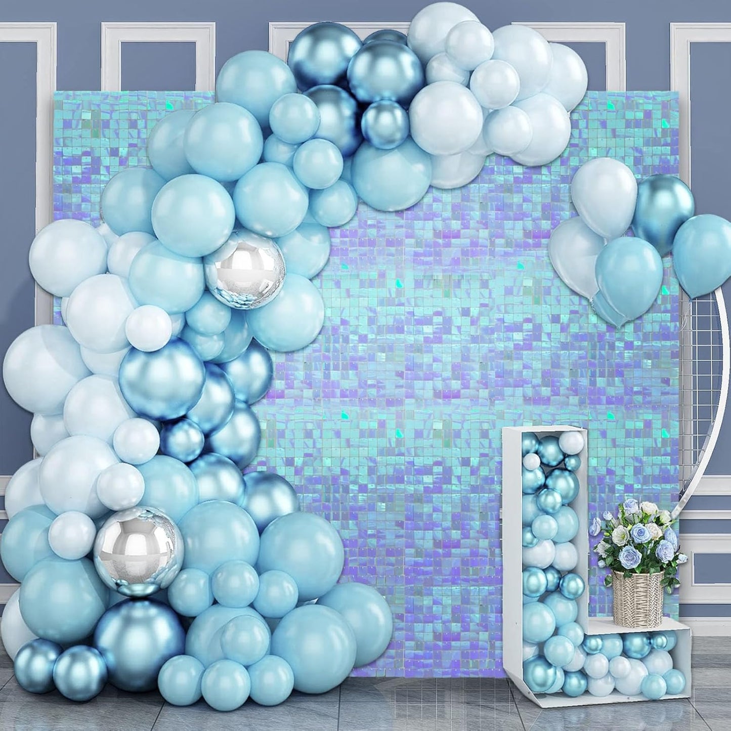 24PCS Colorful Ice Blue Shimmer Wall Backdrop, Square Sequin Photo Backdrops Panel, Glitter Wall Background for Birthdays, Weddings, Christmas, Engagements, Disco Bachelorette Party Decor (3FTx4FT)