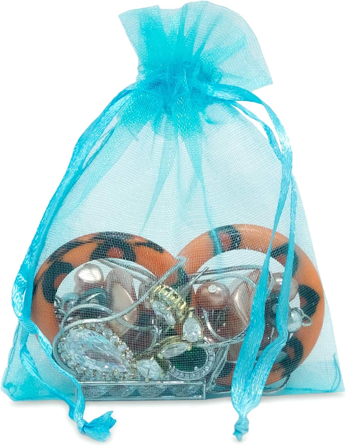 TheDisplayGuys 100-Pack 3x4 Turquoise Blue Sheer Organza Gift Bags with Drawstring, Jewelry Candy Treat Wedding Party Favors Mesh Pouch