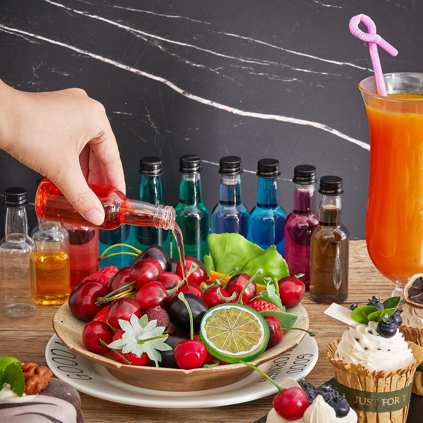 Tessco 100 Pcs Mini Liquor Bottles Plastic Mini Salad Dressing Bottle Christmas Small Shooter Alcohol Holders with Cap Wine Hot Sauce(1.7 Oz,Black)