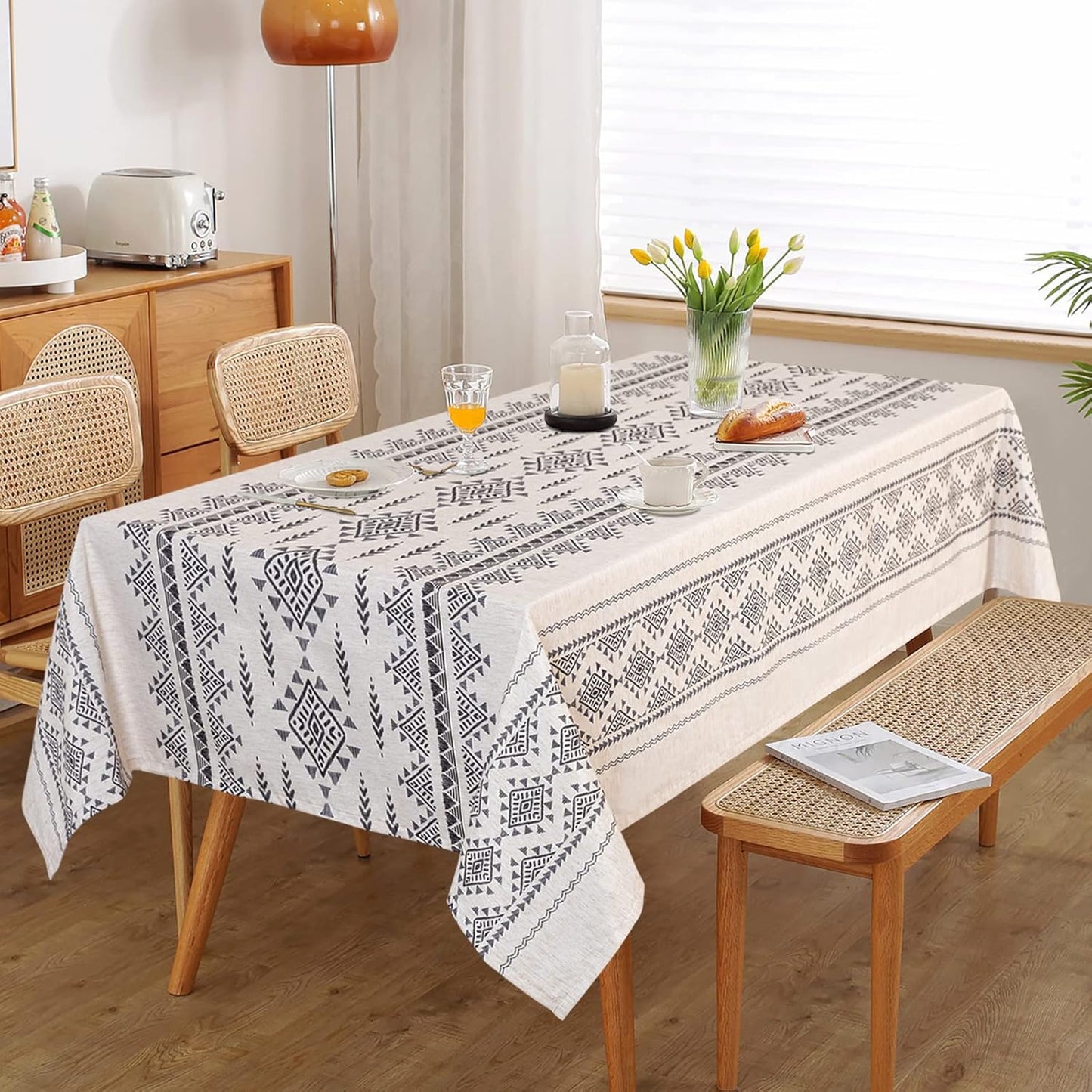 MYSKY HOME 60x102 Boho Rectangle Tablecloth Linen Farmhouse Tablecloth Waterproof Decorative Fabric Table Cloth for Kitchen Dining Bohemian Tablecloth for 6 Feet Table,Grey