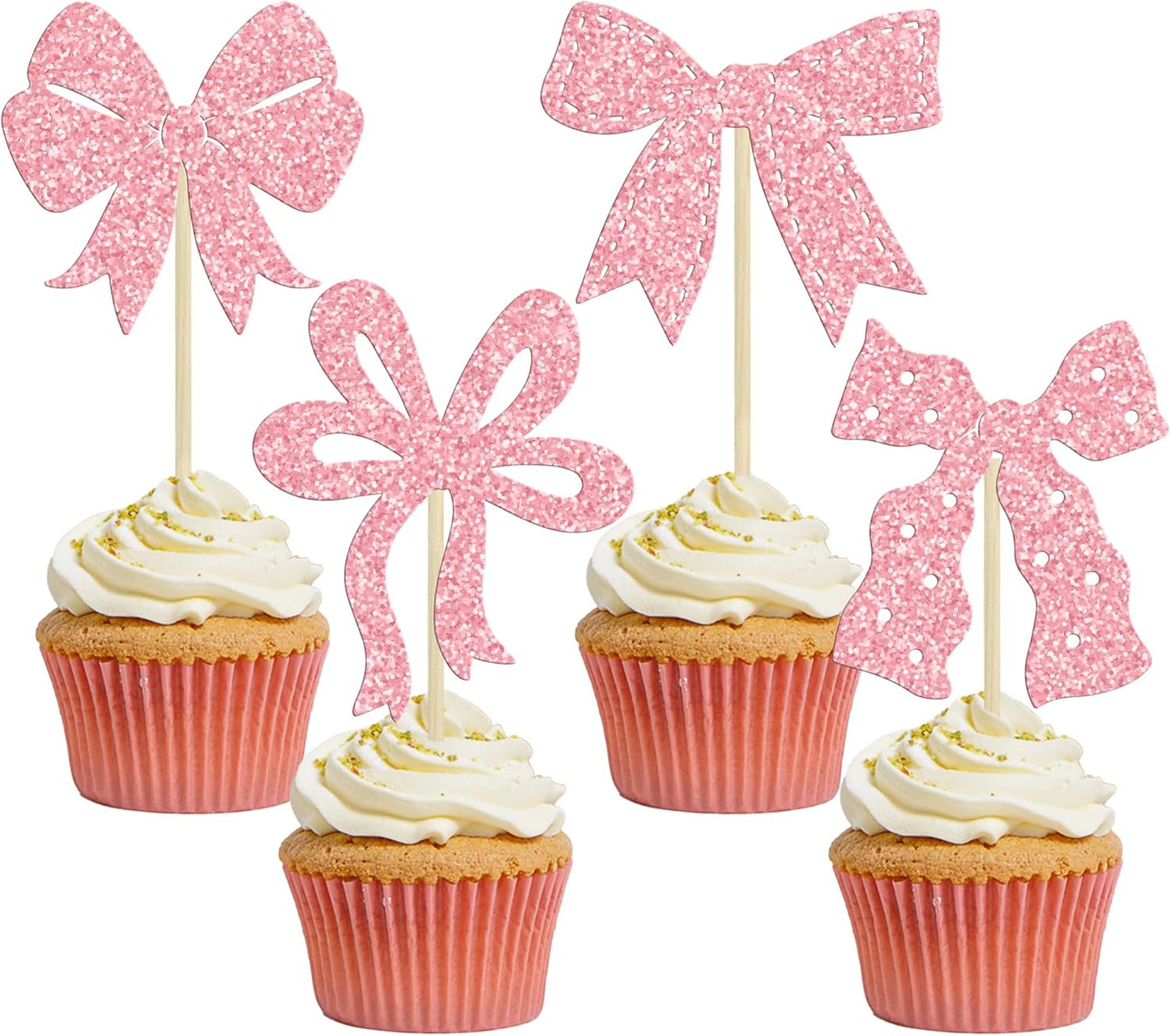 Ephlyn 24Pcs Bow Cupcake Toppers Pink Girls Birthday Party Decorations Bowknot Cupcake Toppers Bow Tie Birthday Cupcake Decorations Dessert Cake Toppers for Wedding Bachelorette Party Pink