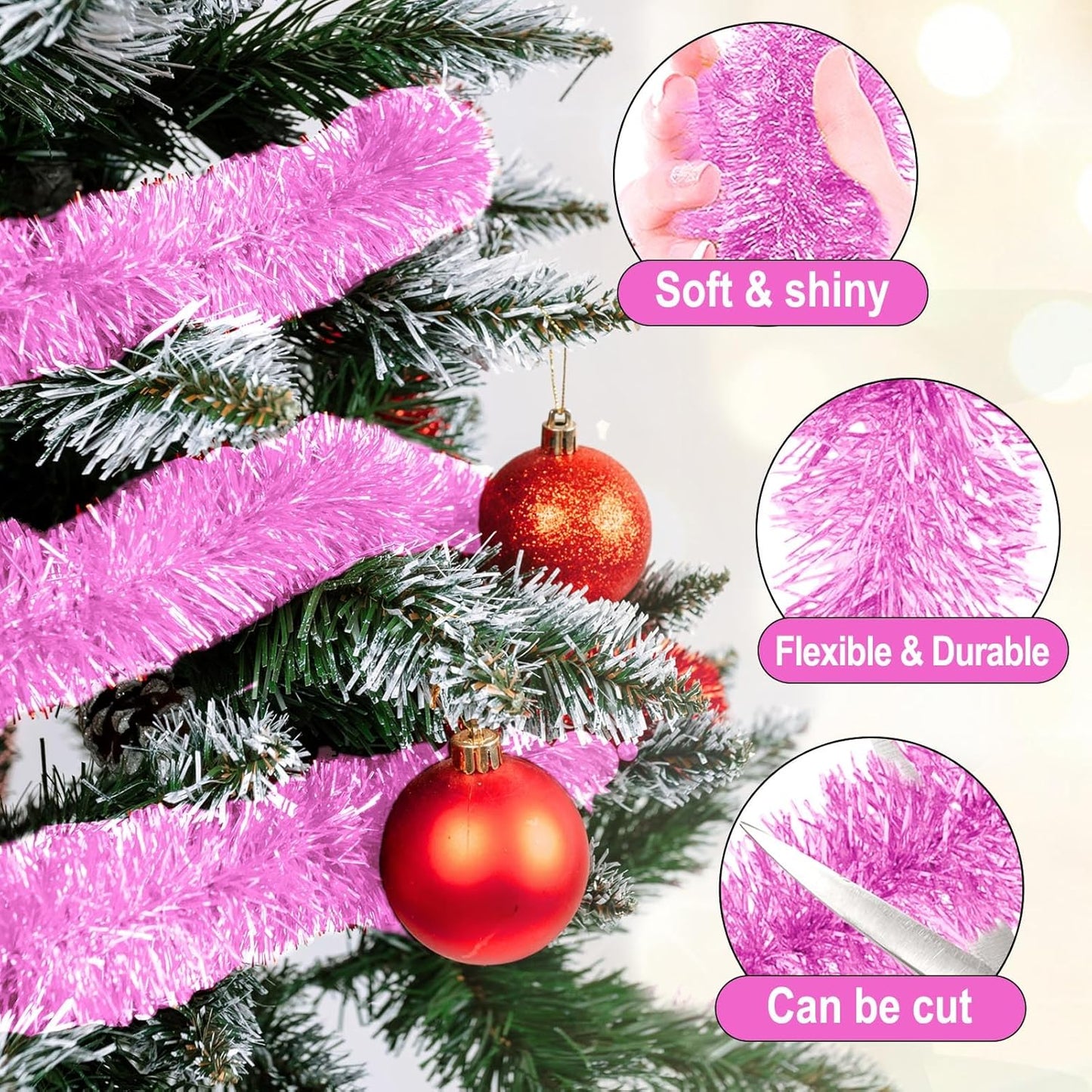 25 Feet Macaron Pink Christmas Tinsel Garland, Metallic Foil Twist Garland Wall Hanging Tinsel Banner Backdrop for Parade Floats, Easter, Mother's Day, Birthday Party Decorations (4in x 25ft)