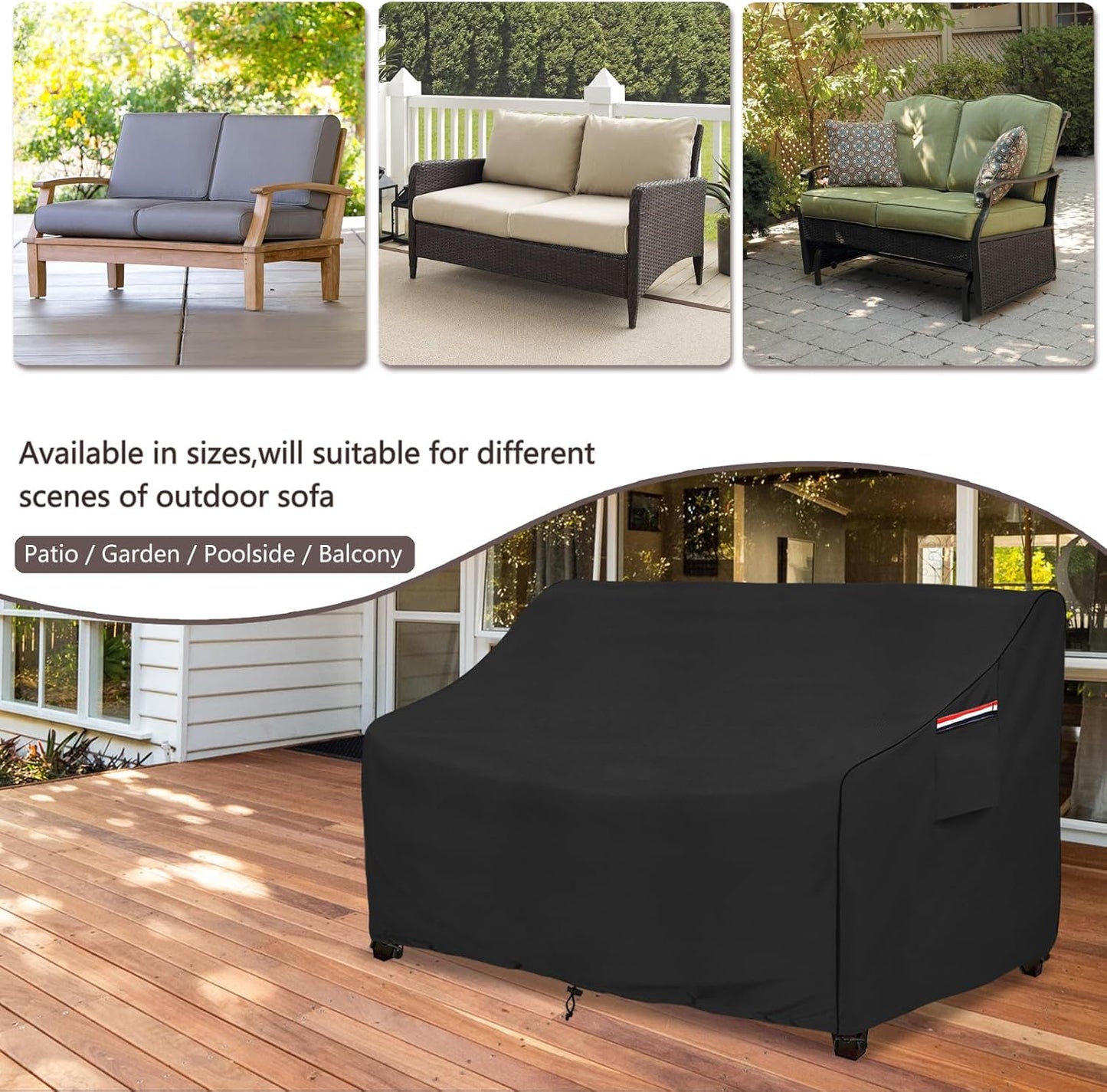 okcool Heavy Duty Patio Sofa Cover, 100% Waterproof 3-Seater Outdoor Sofa Cover Fits up to 76W x 32.5D x 33H Inches, Lawn Patio Furniture Covers,Black