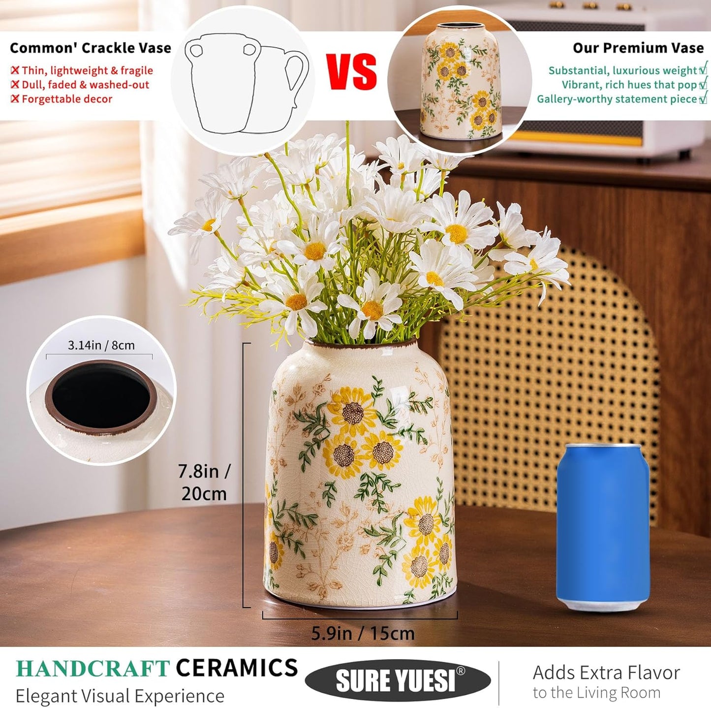 Sunflower Green and Beige Vase, Yellow Ceramic Vintage Vase Cottage Core Home Decor, Cute Floral Centerpiece Vases for Living Room, Bedroom, Kitchen, Table Grand Millennial Decors, Tuscan Decor 7.8In