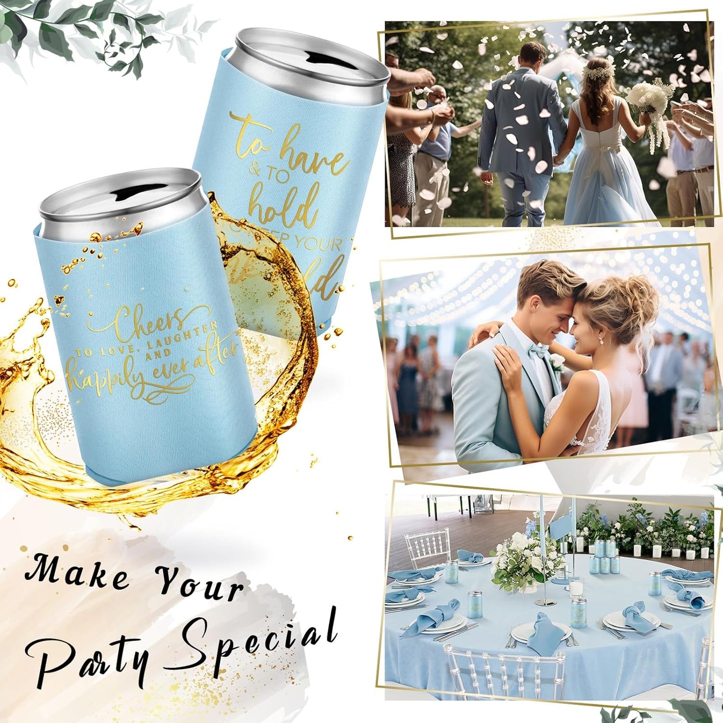 50 Pieces Light Blue Wedding Can Cooler Sleeves Bulk Engagement Party Favors for Guests Cheers to Love Laughter and Happily Ever After Rehearsal Dinner Decorations for Wedding Bridal