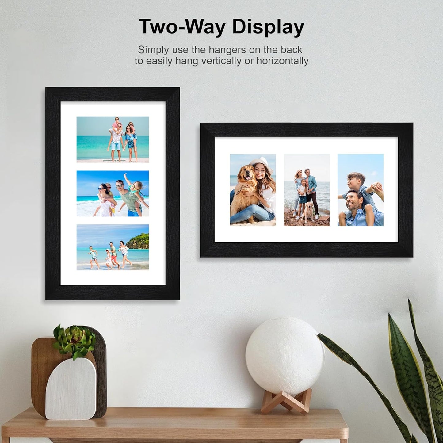 8x14 Picture Frame Set of 2, Rustic Black Wood Frame with Glass Collage Frame, Display Pictures 3-4x6 With Mat or 8 x 14 Without Mat - Horizontal or Vertical Wall Mounting