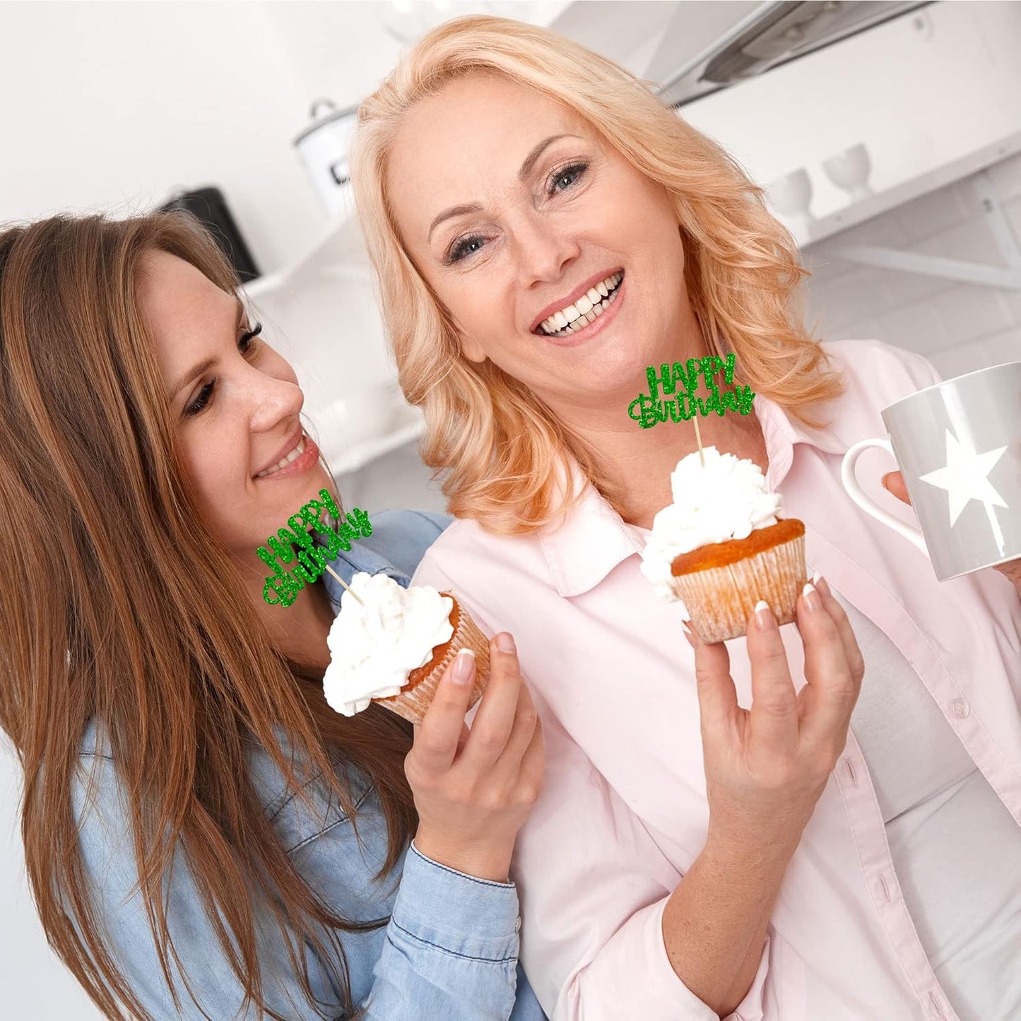 Gyufise 24 Pcs Happy Birthday Cupcake Toppers Glitter Cupcake Food Picks for Celebrating Theme Party Cake Decorations Supplies Green