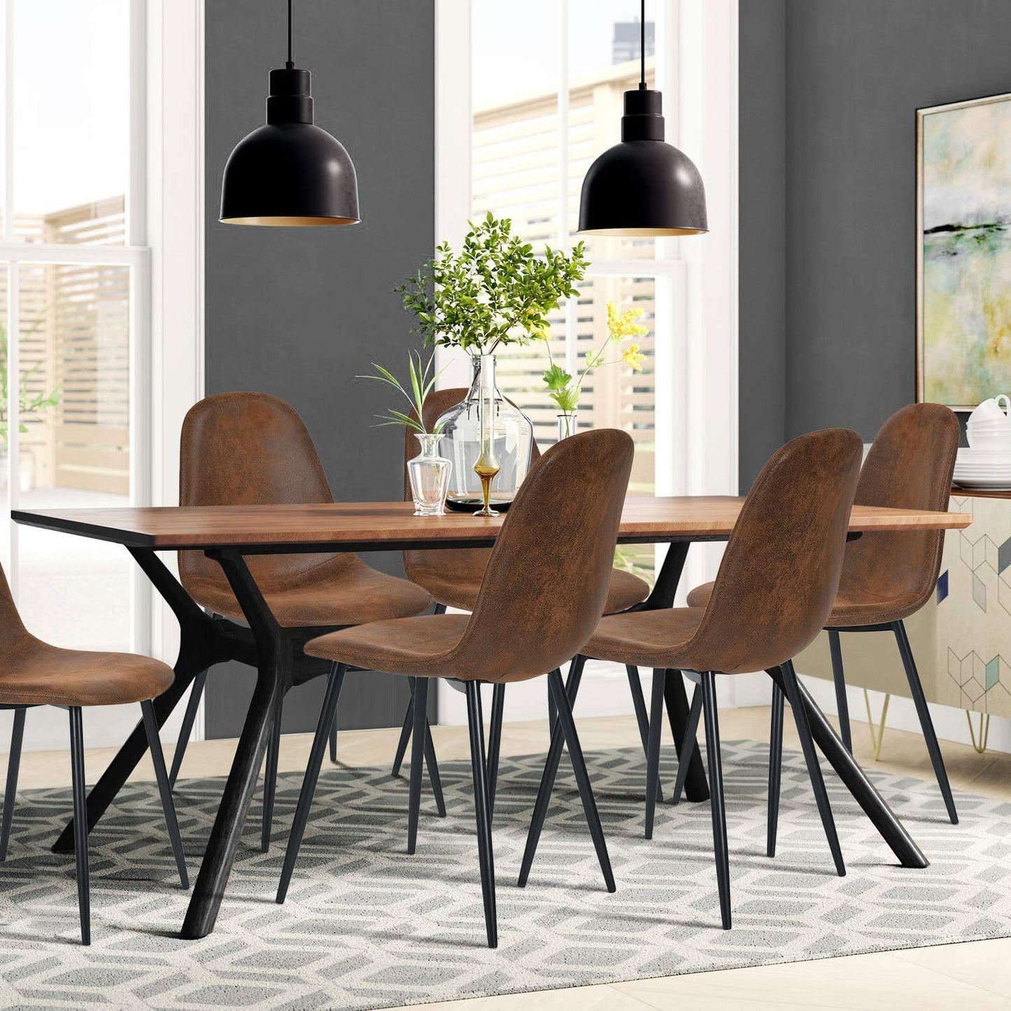 Homy Casa Dining Chairs Set of 6, Modern Mid-Century Style Dining Room Side Chairs Accent Chairs with Black Metal Legs Comfortable for Kitchen Lounge Farmhouse, Rustic Brown, 6PCS