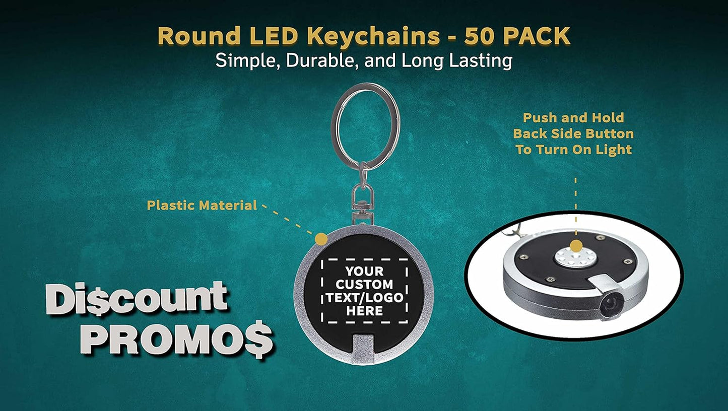 DISCOUNT PROMOS 50 Round LED Keychains - Customizable Text, Logo - Battery included, Plastic - Black