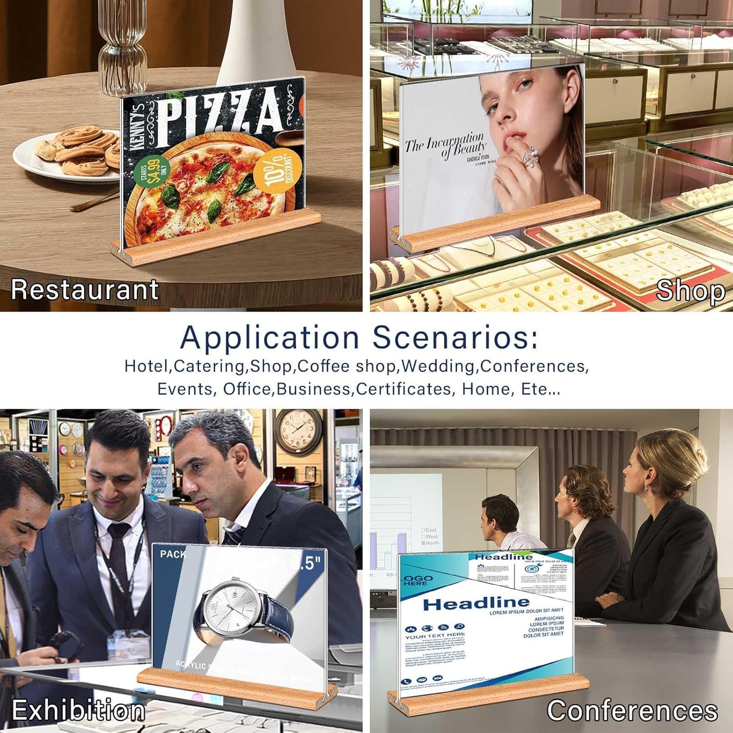 Kersally Acrylic Sign Holder 6 x 4, 6 Pack Double-Sided Clear Table Display Stands with Wood Base,Horizontal Acrylic Frame Menu Flyer Paper Holder for Store, Restaurant, Hotel, Office, Show Fair