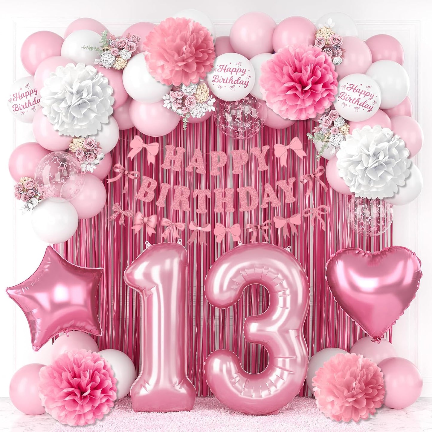 13th Birthday Decorations for Girls Pink Number 13 Balloon Bow Coquette Happy Birthday Banner Fringe Curtain Paper Pom Poms Star Heart Foil Pink White Balloons 13 Year Old Party Decor