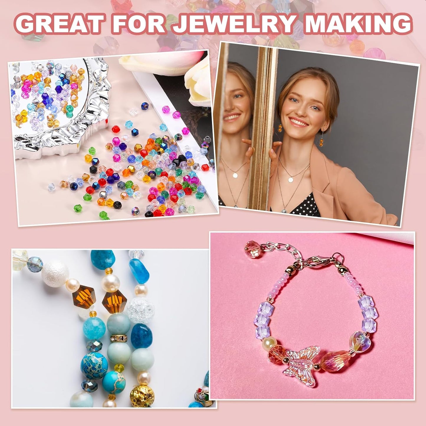 PATIKIL 1000pcs 4mm Bicone Glass Crystal Beads, Faceted Glass Spacer Beads with Box for Jewelry Making Bracelet Necklace Earrings DIY Suncatcher Craft, Pink AB