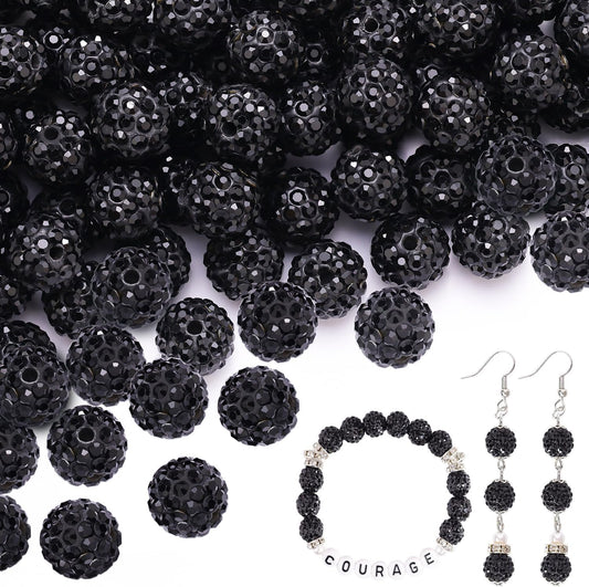200pcs 10mm Black Rhinestone Beads for Jewelry Making, Shiny Round Shamballa Disco Ball Beads Bulk, Sparkle Crystal Clay Christmas for Bracelet Baseball Necklace Earring Crafting and DIY