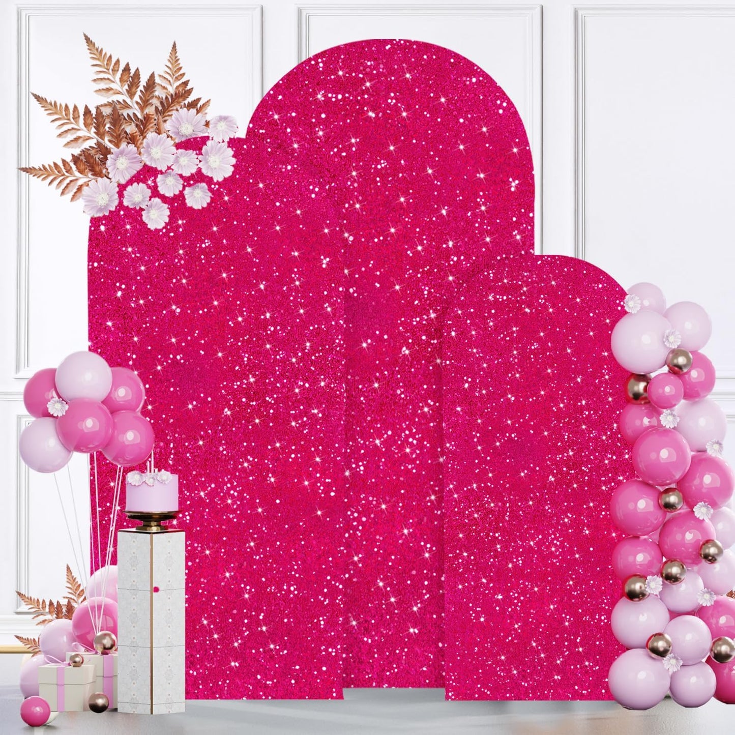 MODFUNS Metal Arch Backdrop Stand and Cover Set 4&5&6ft Hot Pink Sequins Arch Cover Gold Arch Frame with Covers Double Sided Arch Backdrop Covers for Wedding Banquet Reception Party Decor