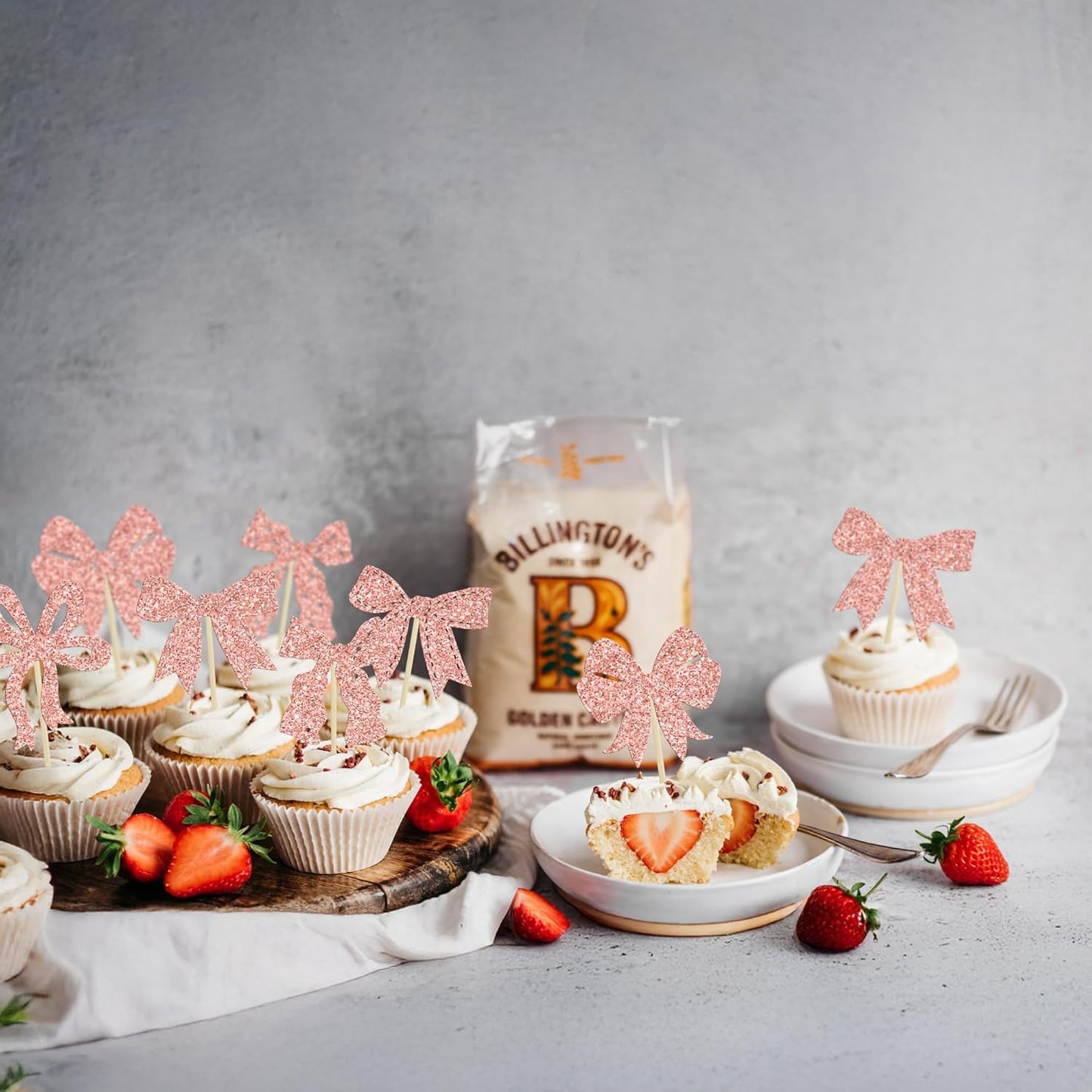 Ephlyn 24Pcs Bow Cupcake Toppers Bow Birthday Cake Topper Girls Birthday Party Decorations Bowknot Cupcake Decorations for Bridal Baby Shower Birthday Wedding Themed Party Rose Gold