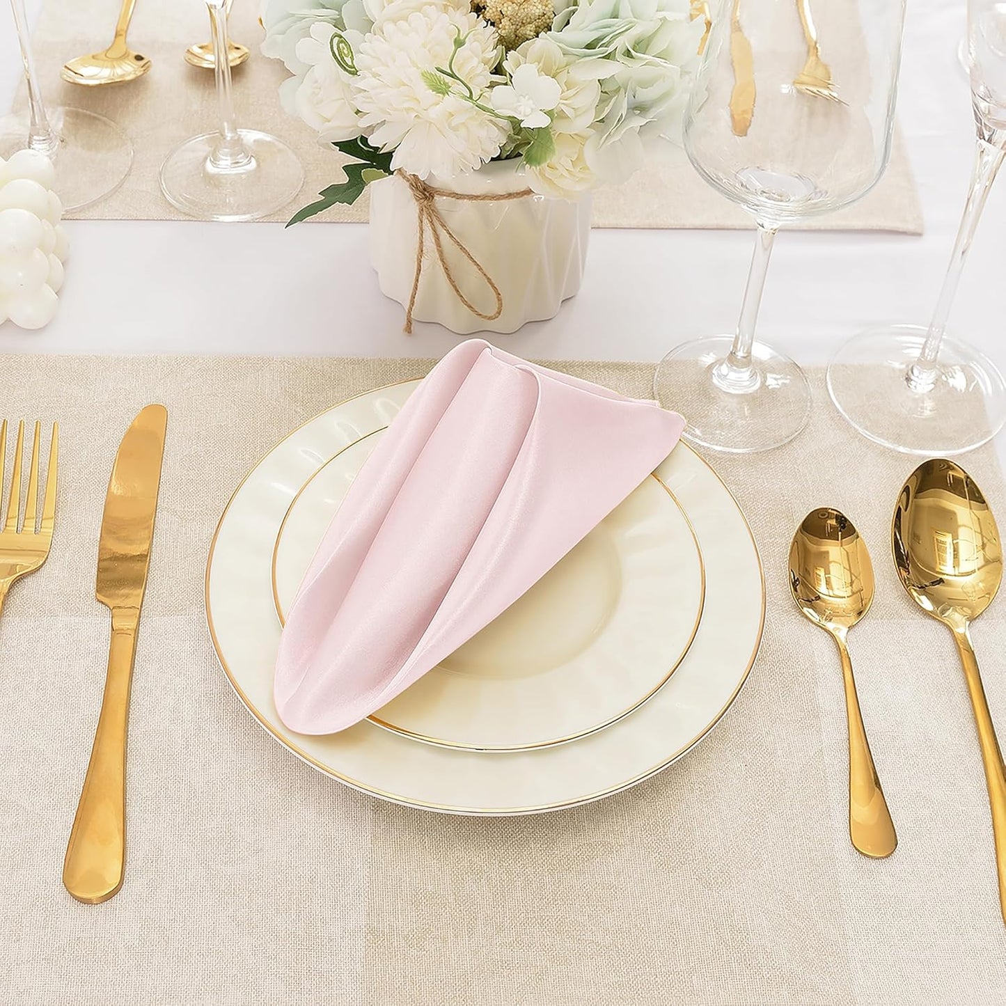 12 Pieces Light Pink Satin Napkins, 17" x 17" Square Table Napkins, Silky Soft Smooth Washable Napkins for Restaurant, Weddings, Dinner, Party Decoration