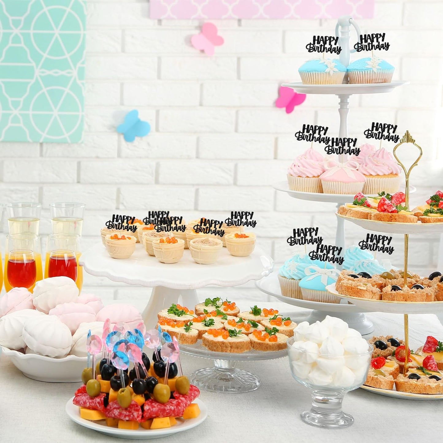 Gyufise Happy Birthday Cupcake Toppers Black Glitter Birthday Cake Topper Picks Dessert Topper Decoration for Birthday Party Anniversary Celebration
