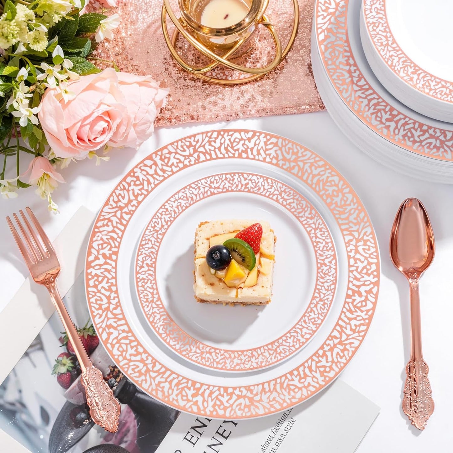 Festiva 350PCS Rose Gold Plastic Dinnerware Set - Disposable Lace Rose Gold Plates and Napkins Party Supplies - include plates,napkins,cups,silverware - Serve for 50 Guests Party&Wedding&Mother's Day