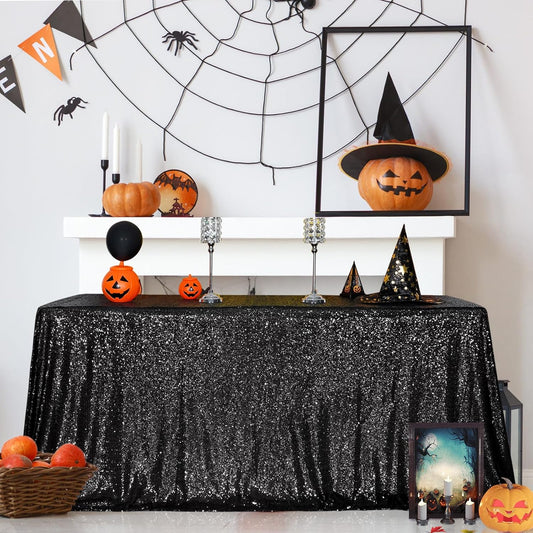SquarePie Sequin Tablecloth 90 x 132 Inch Black Sparkly Table Linen for Halloween Wedding Party
