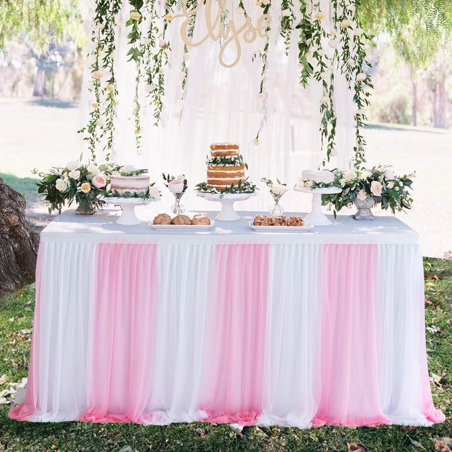 Suppromo 9ft Pink Tulle Table Skirts for Rectangle Tables or Round Tables Tutu Baby Shower Tablecloth Decorations for Girls Gender Reveal Elephant Birthday Party Decorations