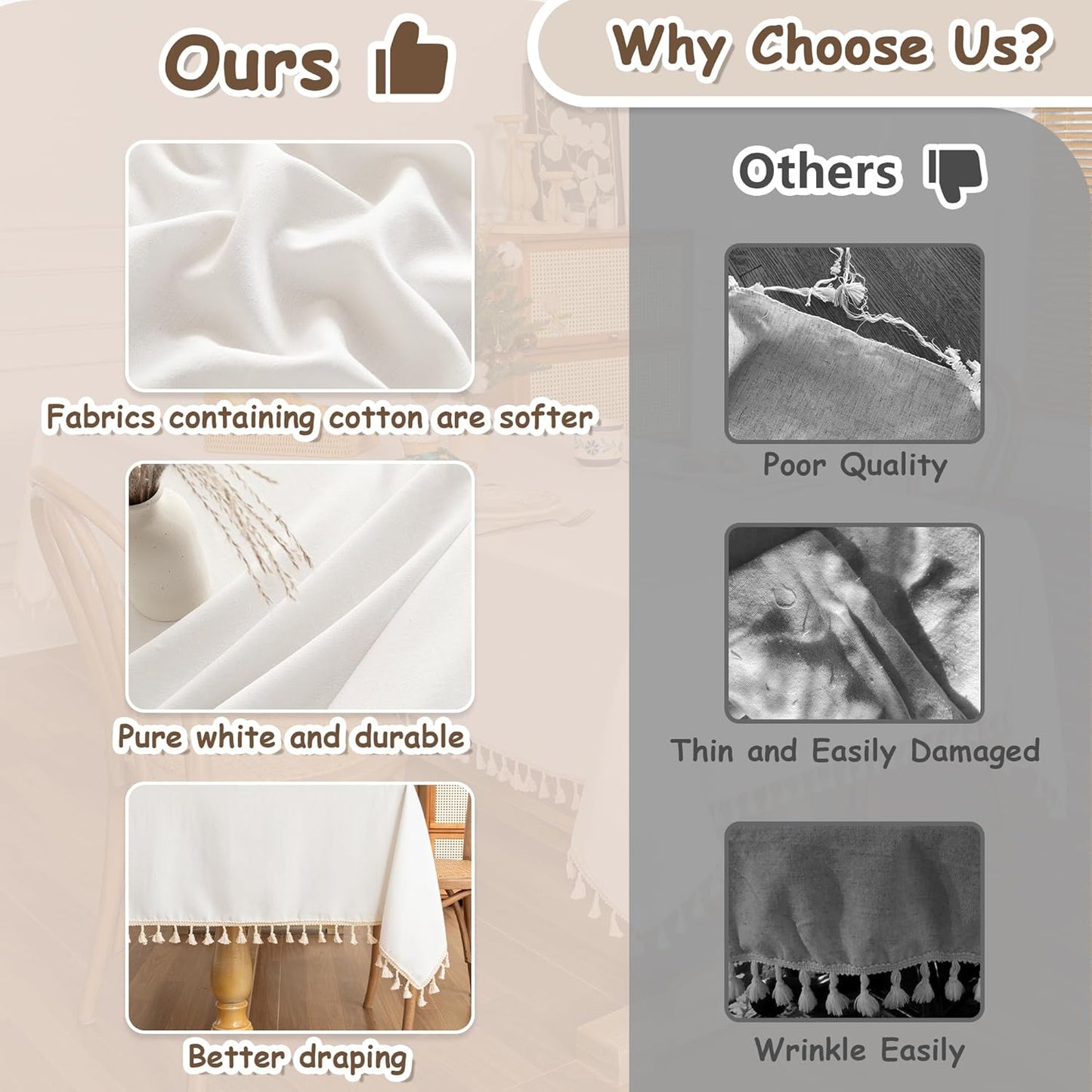 MYSKY HOME Rectangular Table Cloth, 55"X86", Waterproof, Soft Cotton/Polyester Blend, Floral Pattern, Tassel Trim, All-Season, Indoor/Outdoor, 6-8 Seats