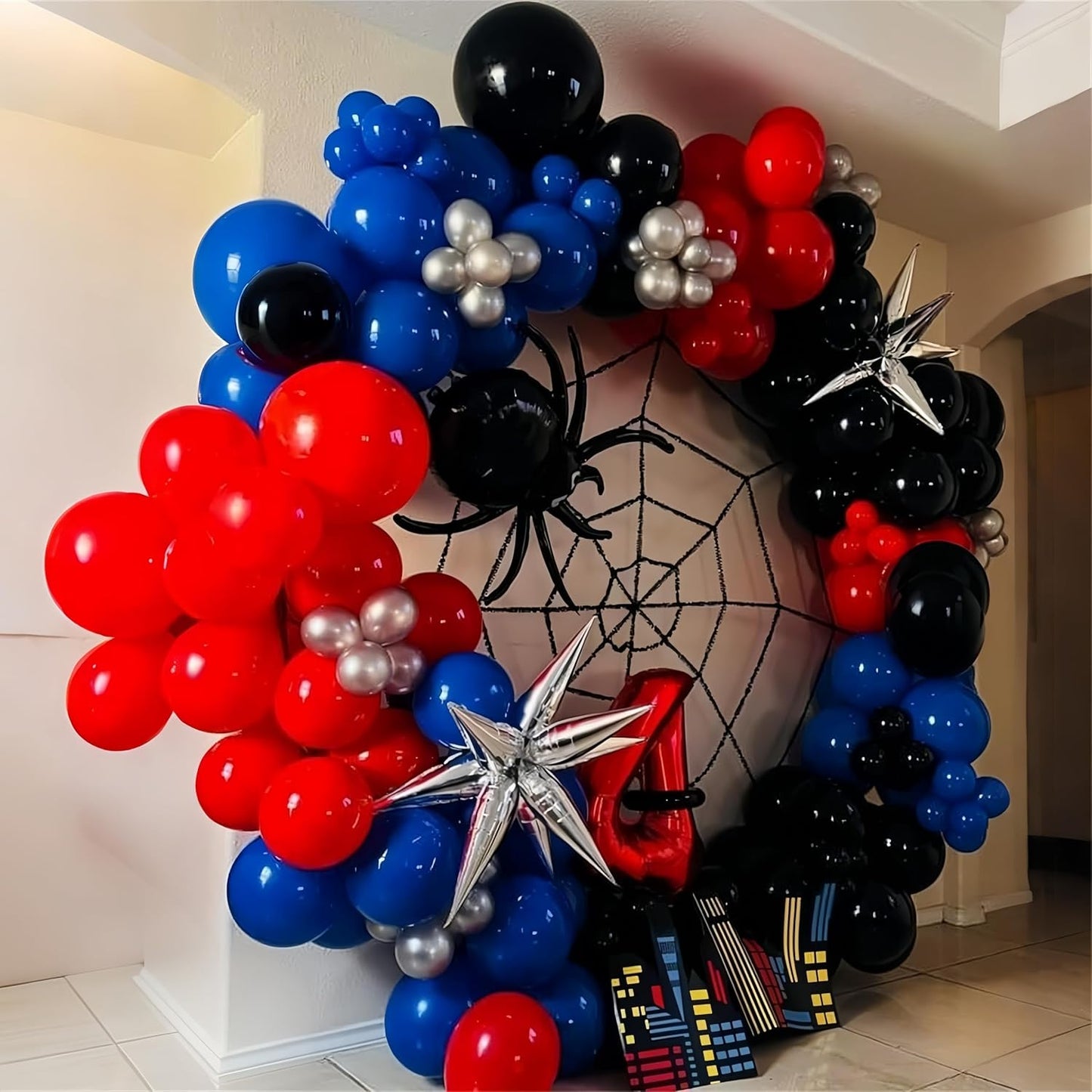Red Blue Black Balloons, 12 Inch Royal Blue Red Confetti Latex Balloon with Black Helium Balloon Kit for Boys Spider Cool Man Halooween Theme Birthday Decor Graduation Party Decoration Supplies