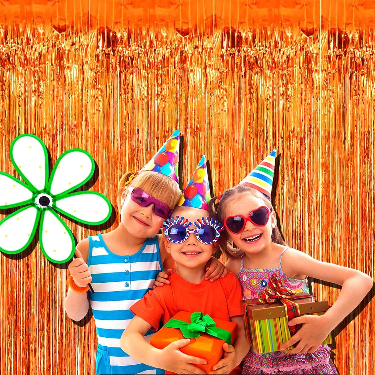 4 Pack Orange Foil Fringe Curtain Backdrop, 3.28Ft x 9.84Ft Metallic Tinsel Foil Fringe Streamers Curtains for Party, Photo Booth Props, Birthday, 2022 Graduation Decoration Supplies, orange 3m