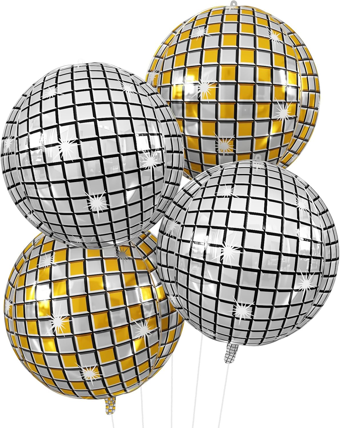 Disco Ball Balloons Gold Silve 4PC,Foil Disco Balloons 22 Inch 4D Round Metallic Gold Silver Balloon for 70s 80s Birthday Bachelorette Graduation Decorations