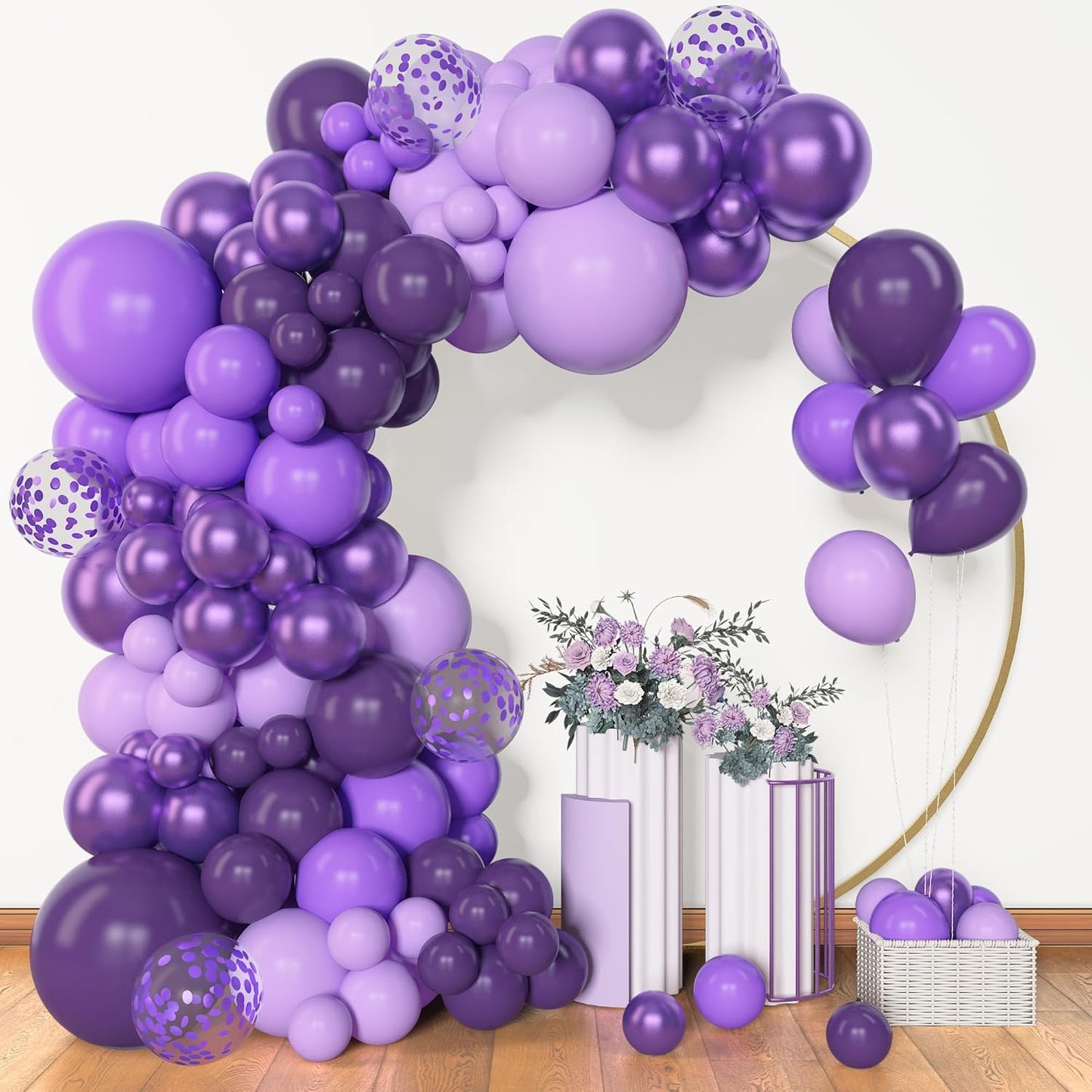 Amandir 153pcs Purple Balloon Garland Arch Kit, Different Sizes 18 12 10 5 inch Lavender Latex Metallic Confetti Purple Balloons for Halloween Wedding Birthday Baby Shower Party Decorations Supplies
