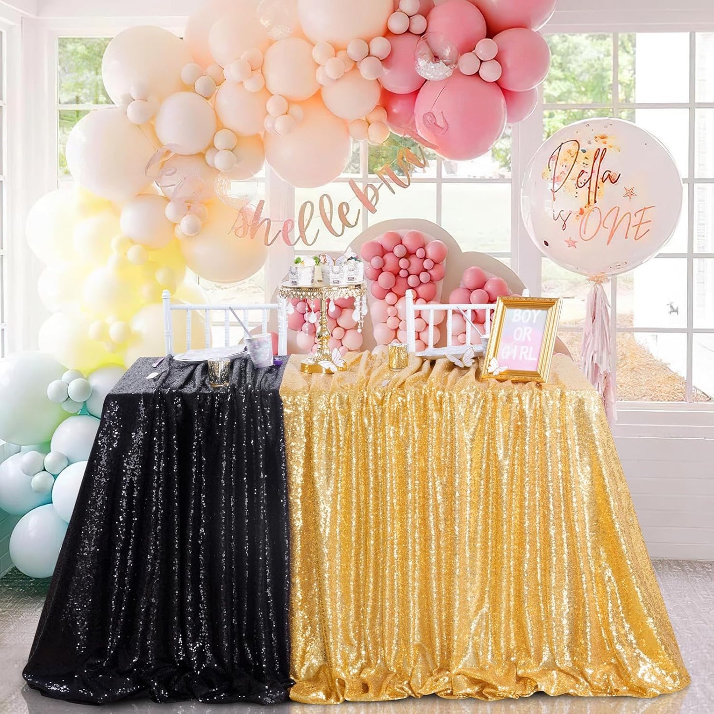 QueenDream Sparkly Sequin Tablecloth - Black Table Cloth 50x80 Inches Rectangle Table Overlay Fabric for Birthday Parties Baby Shower Decoration