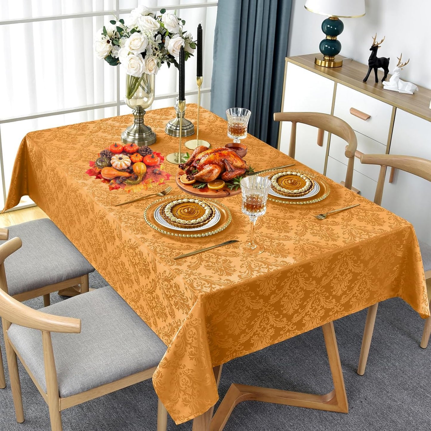 SASTYBALE Amber Rectangle Jacquard Tablecloth, Spill Wrinkle Proof Damask Table Cloth for Rectangle Tables, Rectangular Harvest Fall Inddor Outdoor Tablecloths, 52 x 70 Inch Amber