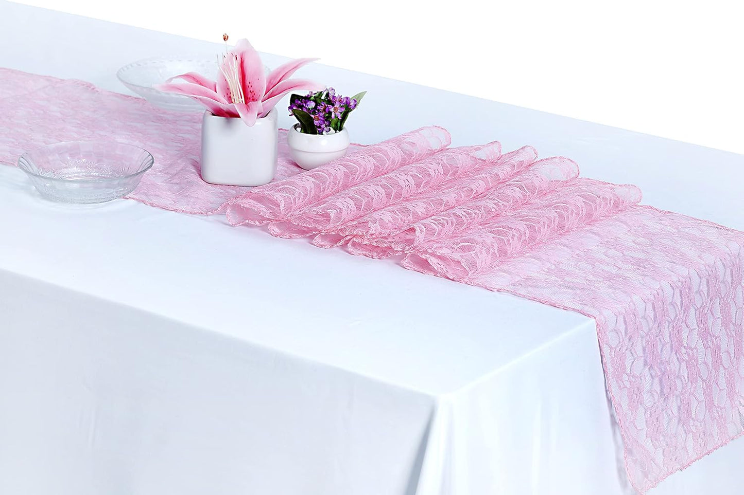 MDS Pack of 15 Wedding 12 x 108 inches Lace Table Runner for Wedding, Decorations for Birthday Parties, Banquets, Graduations, Engagements, and Runners fit Rectangle, Round Table- Blush Pink