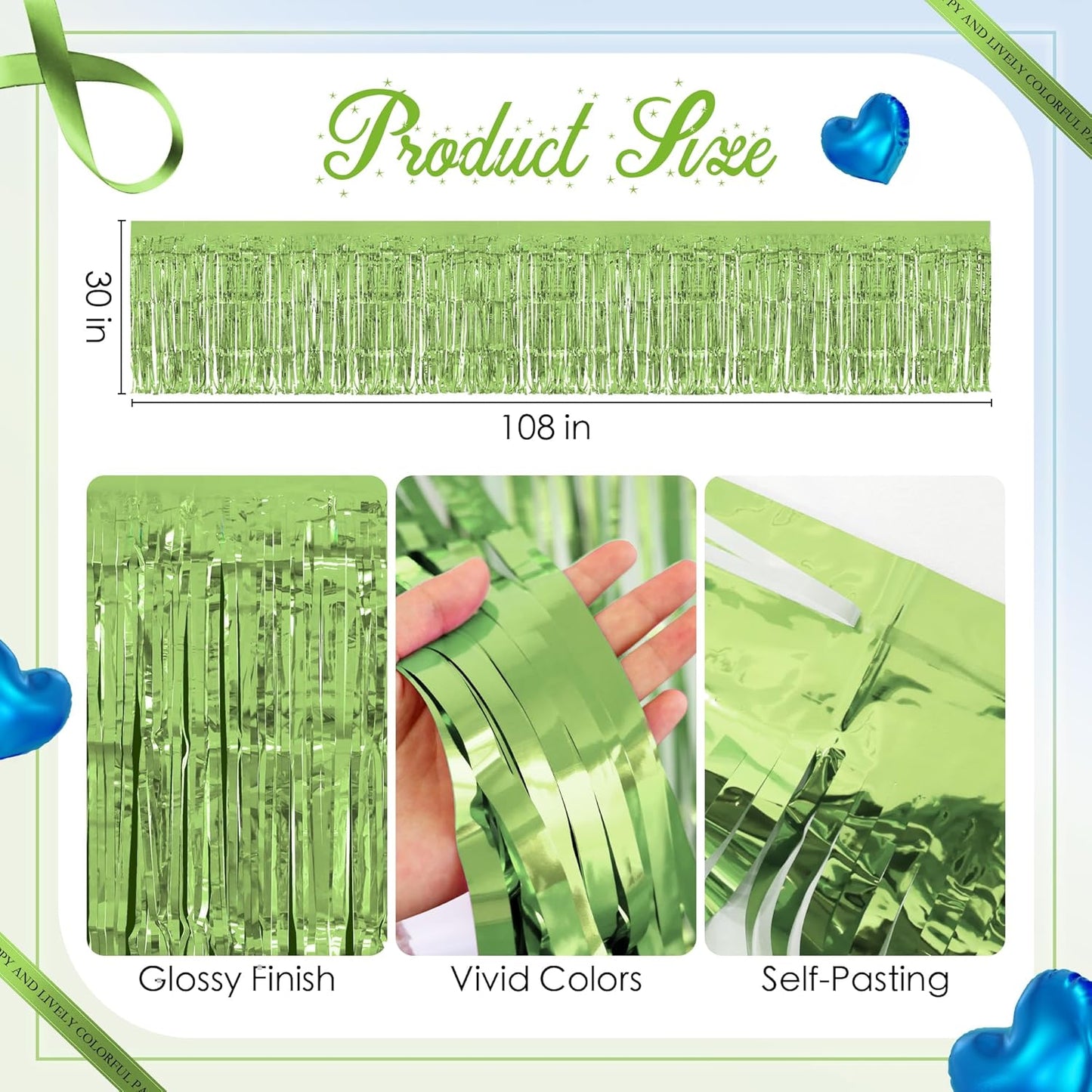 2 Pack Lake Blue Lime Green Table Skirts, 29x108" Metallic Foil Tinsel Fringe Table Skirt for Rectangle Tables Streamer Curtains Backdrop, Party Decorations for Birthdays, Weddings, Holidays